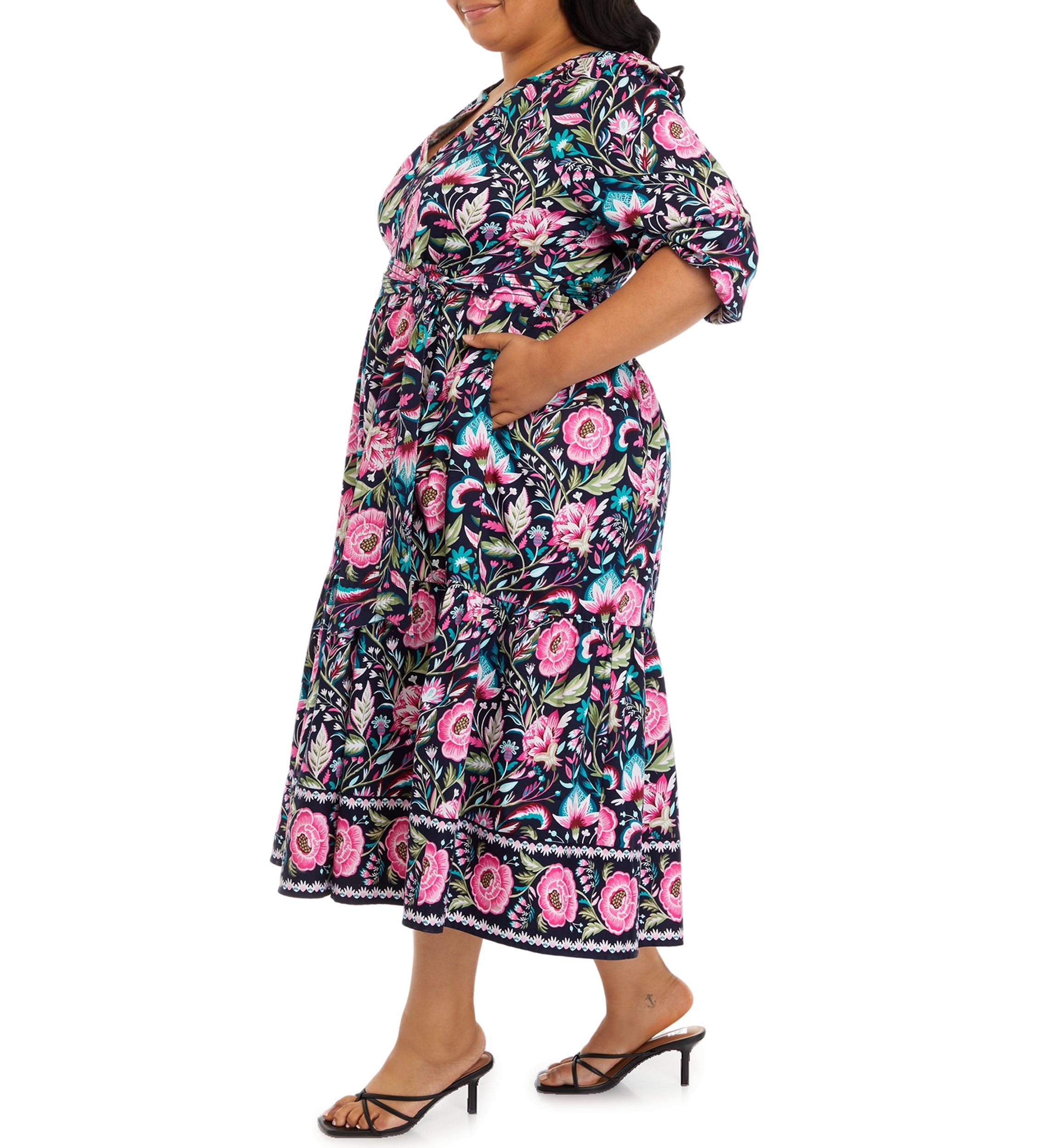 Plus Size Floral Printed  Peasant Dress