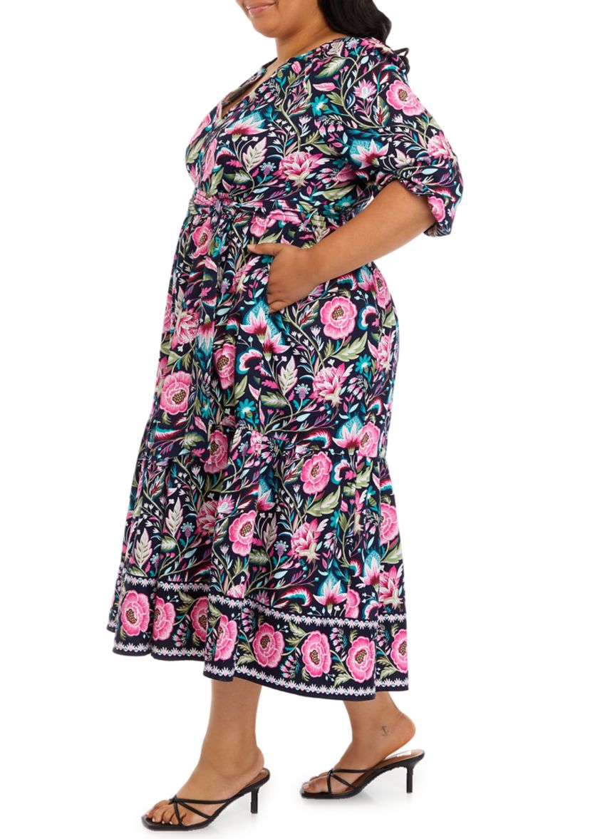 Plus Size Floral Printed  Peasant Dress