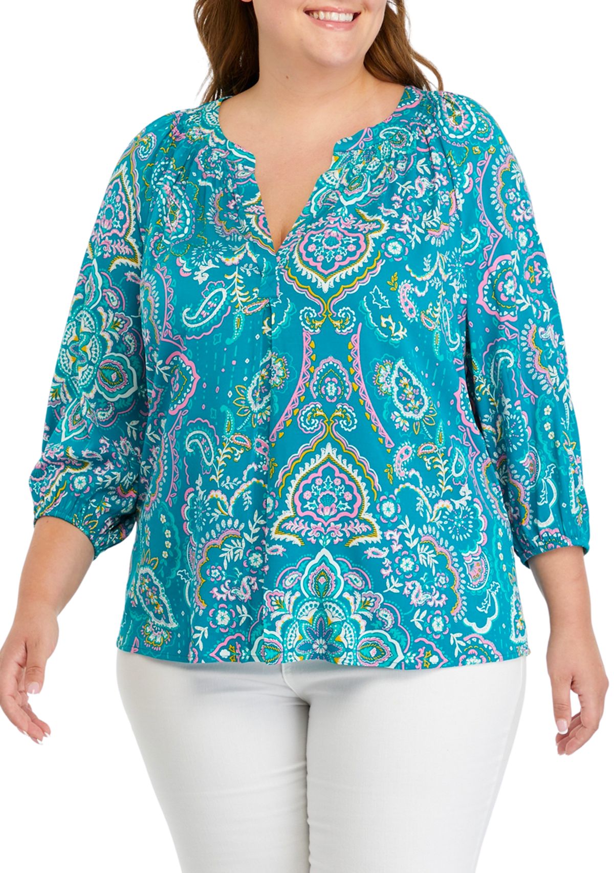 Plus Size Printed Peasant Top