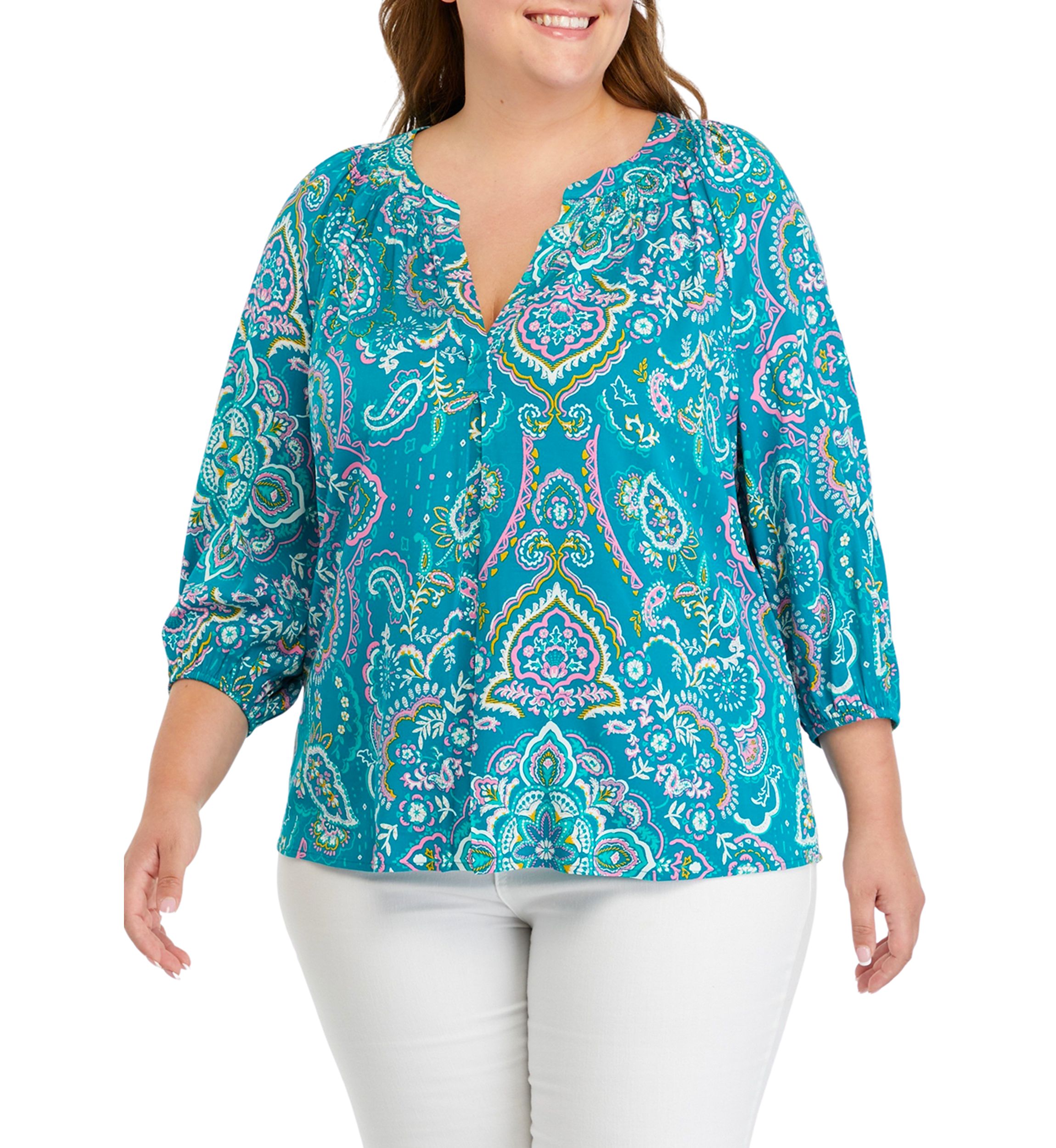 Plus Size Printed Peasant Top