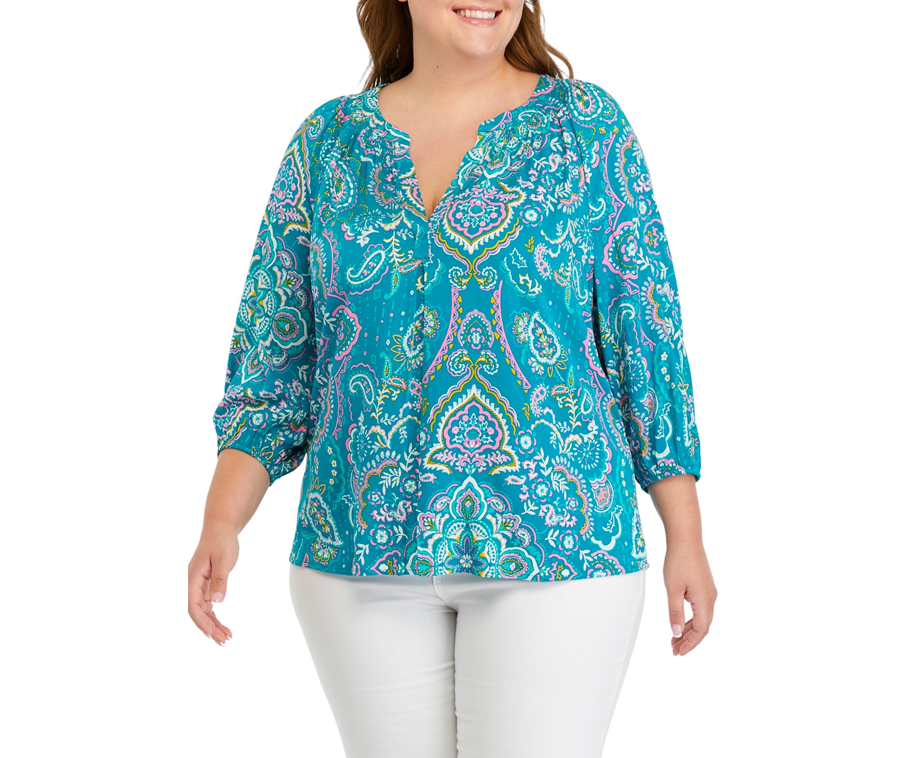 Plus Size Printed Peasant Top