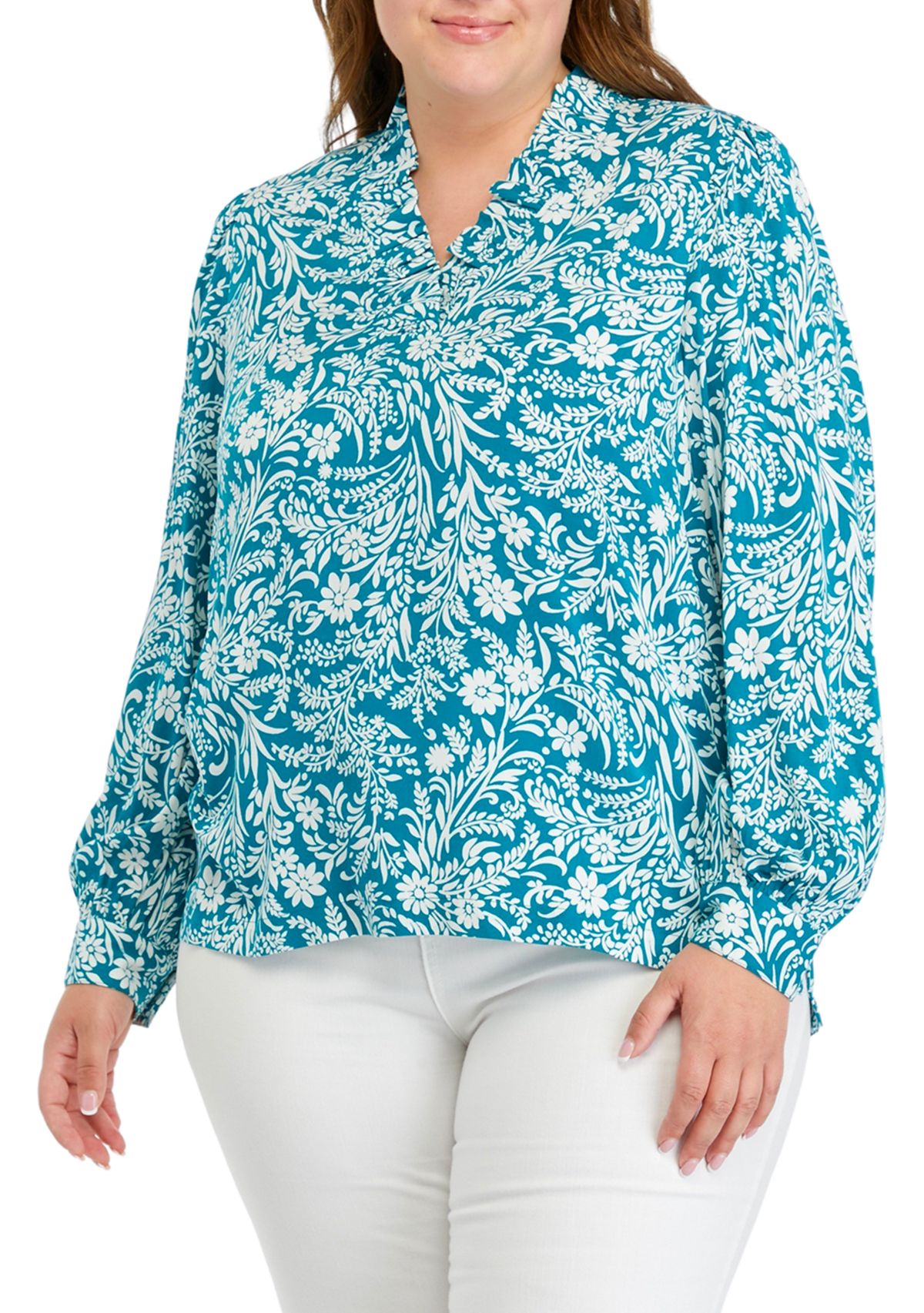Plus Size Printed Ruffle Neck Top