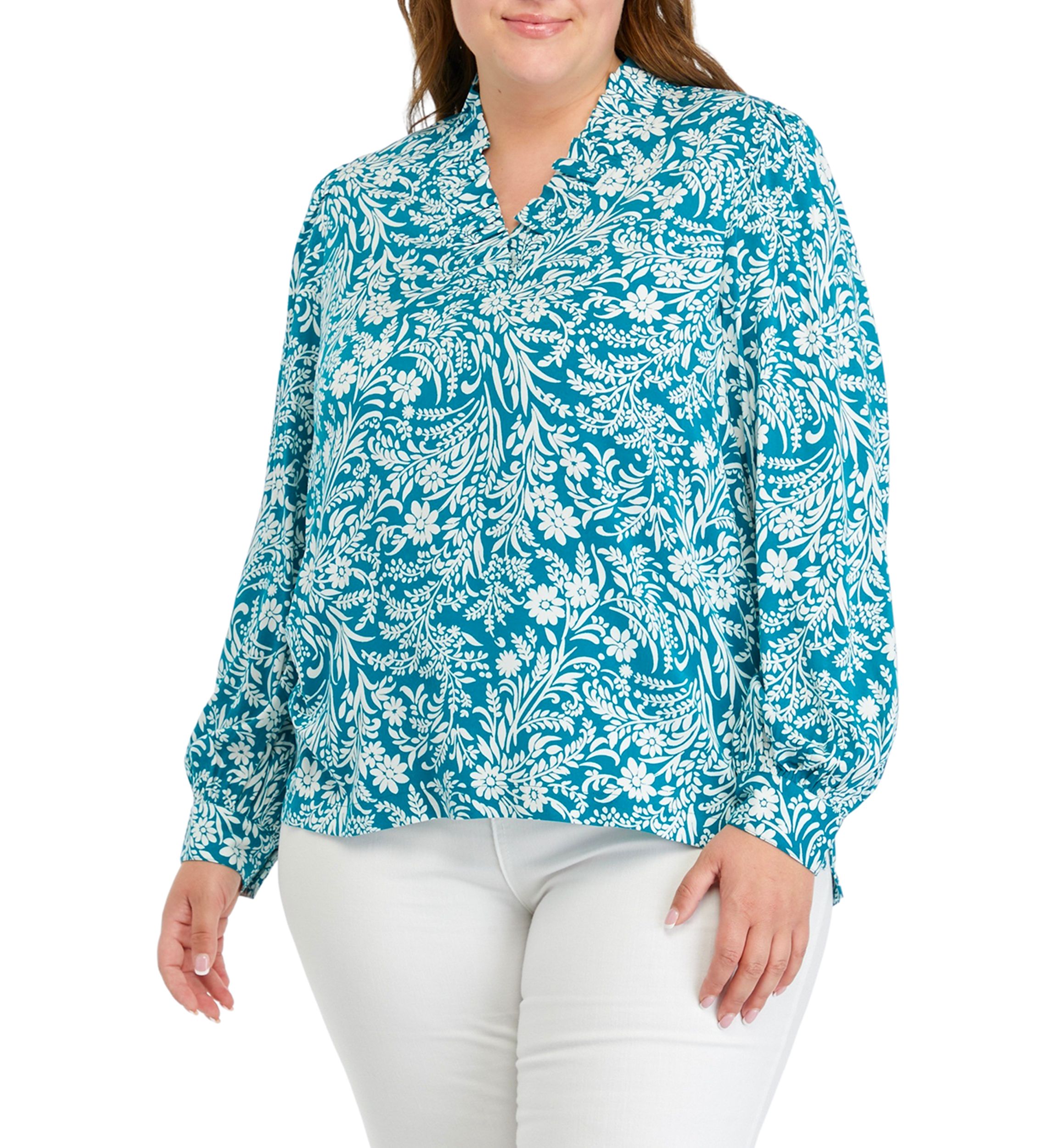 Plus Size Printed Ruffle Neck Top