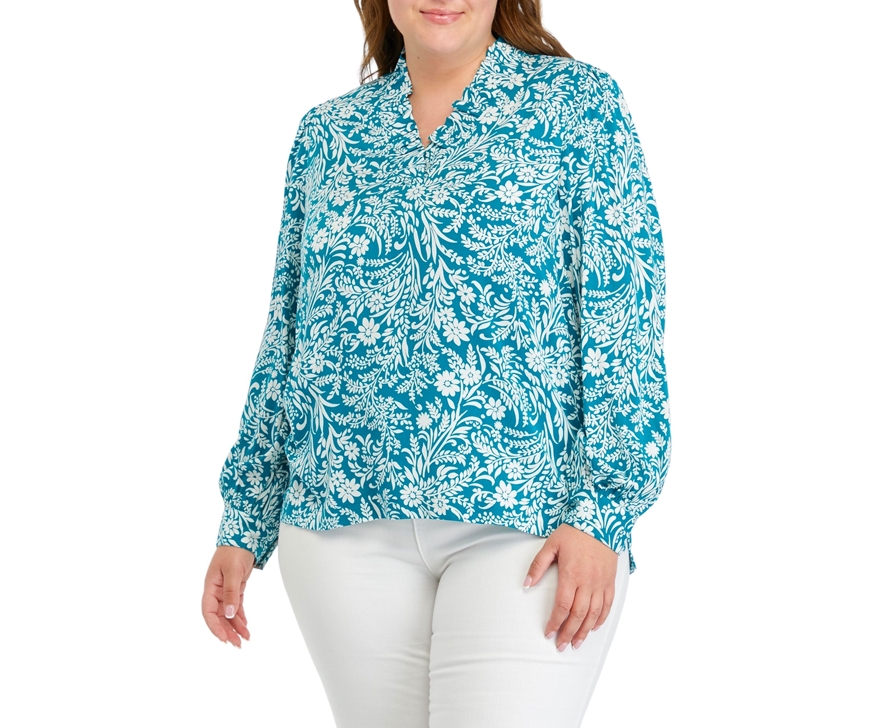 Plus Size Printed Ruffle Neck Top