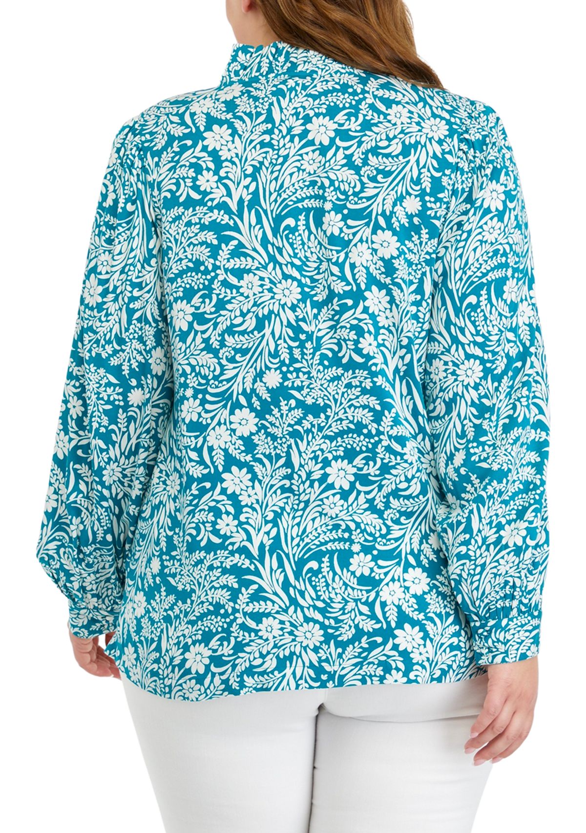 Plus Size Printed Ruffle Neck Top