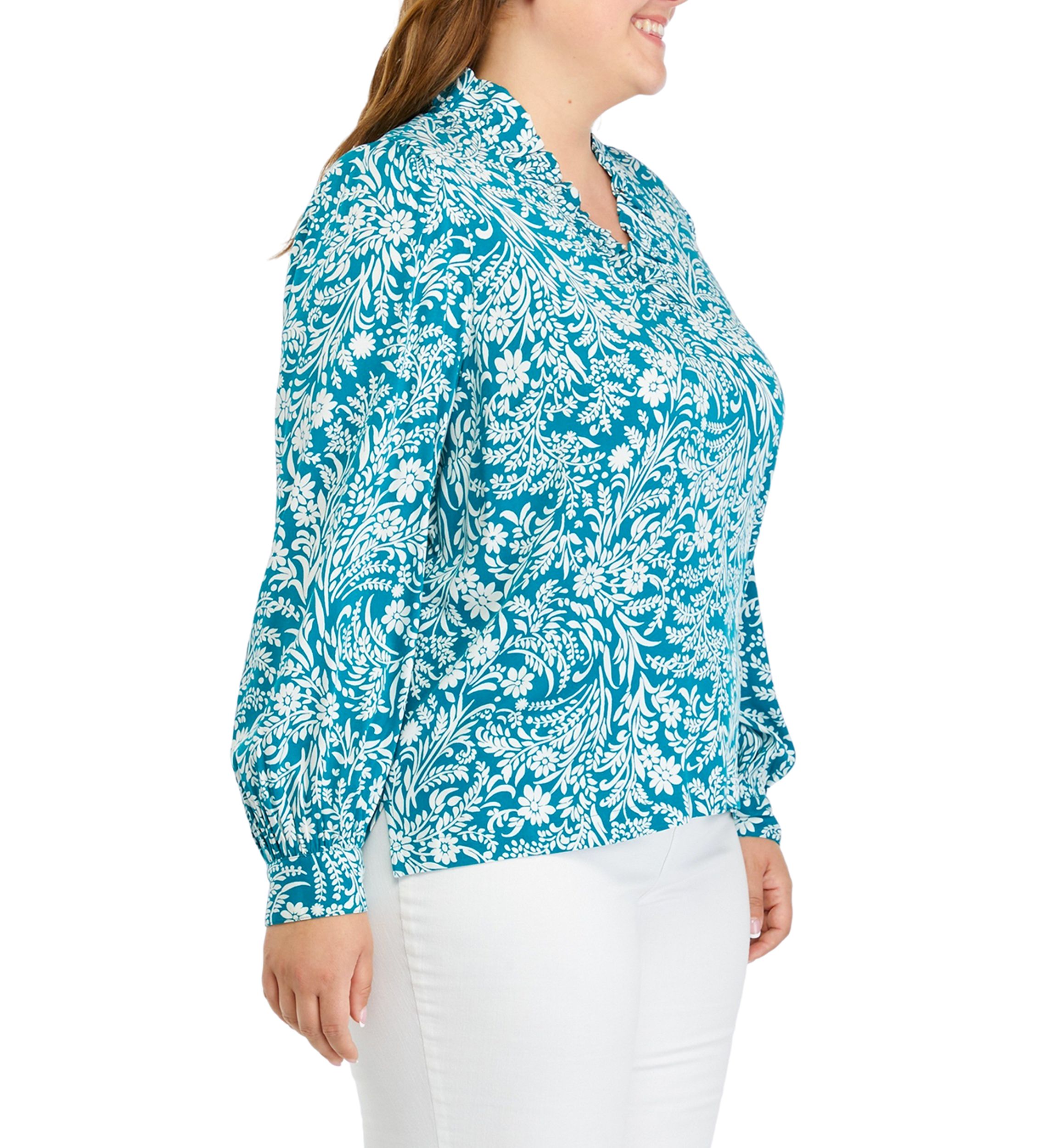 Plus Size Printed Ruffle Neck Top