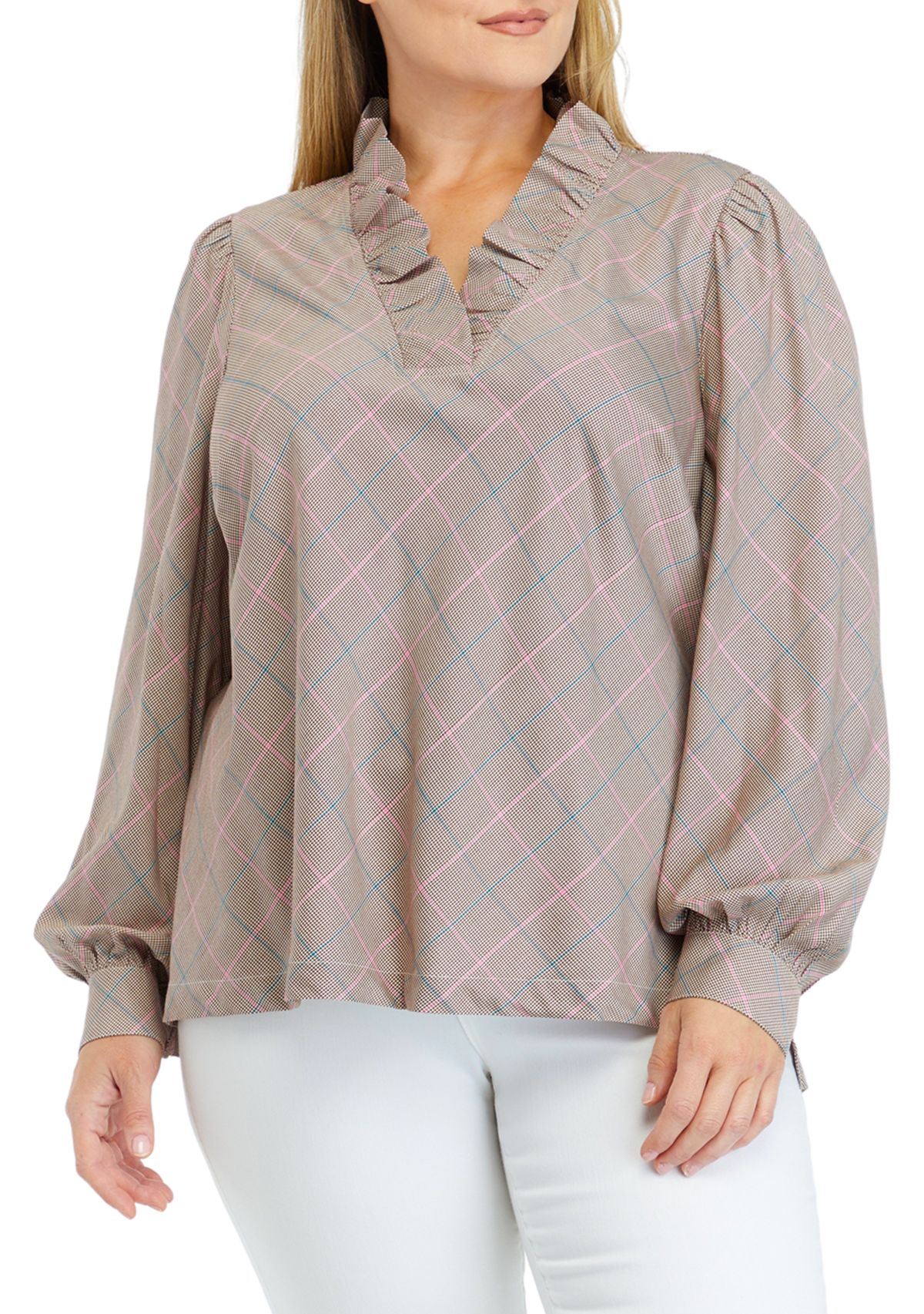 Plus Size Long Sleeve Ruffle Neck Printed Top 