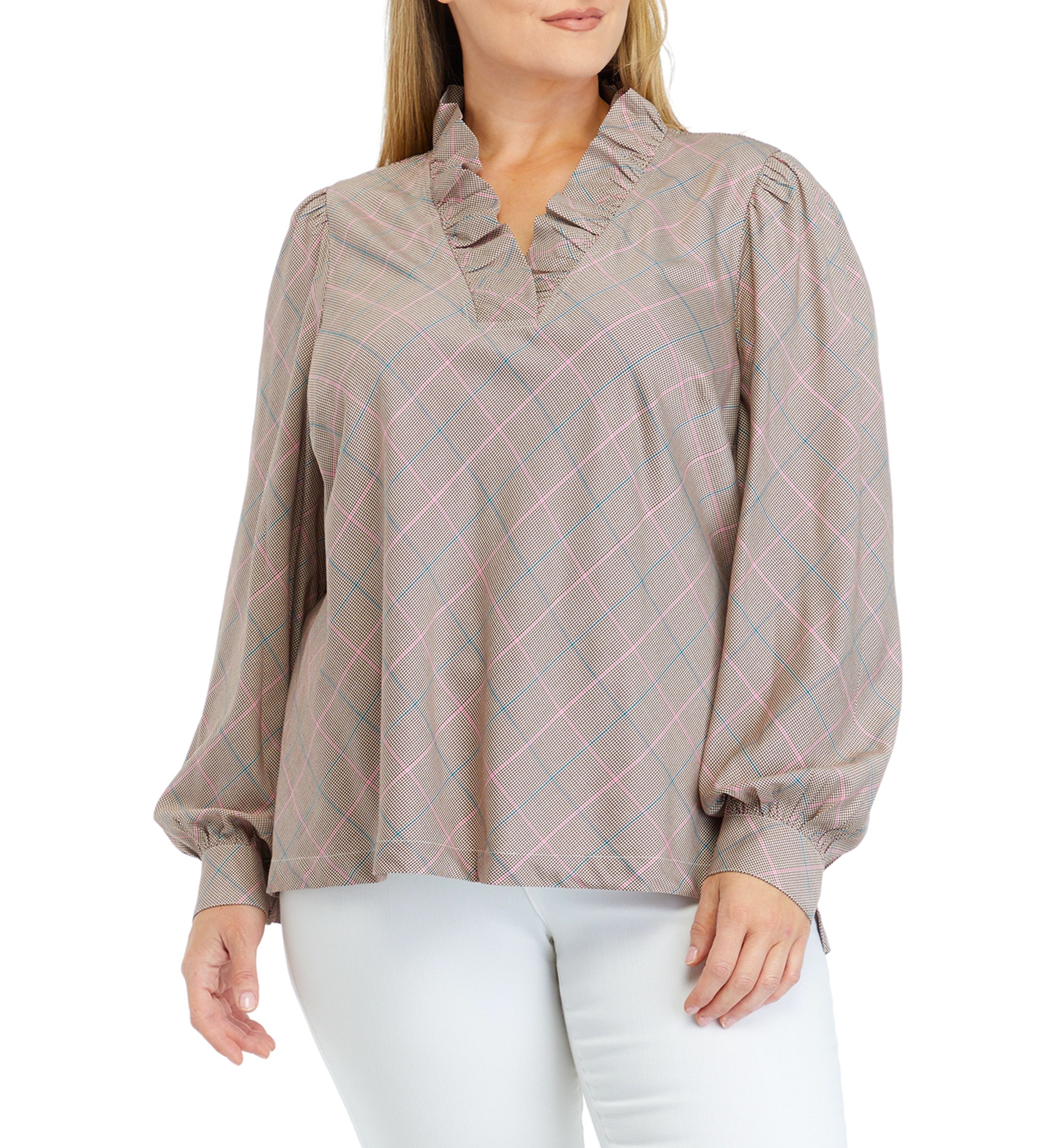 Plus Size Long Sleeve Ruffle Neck Printed Top 