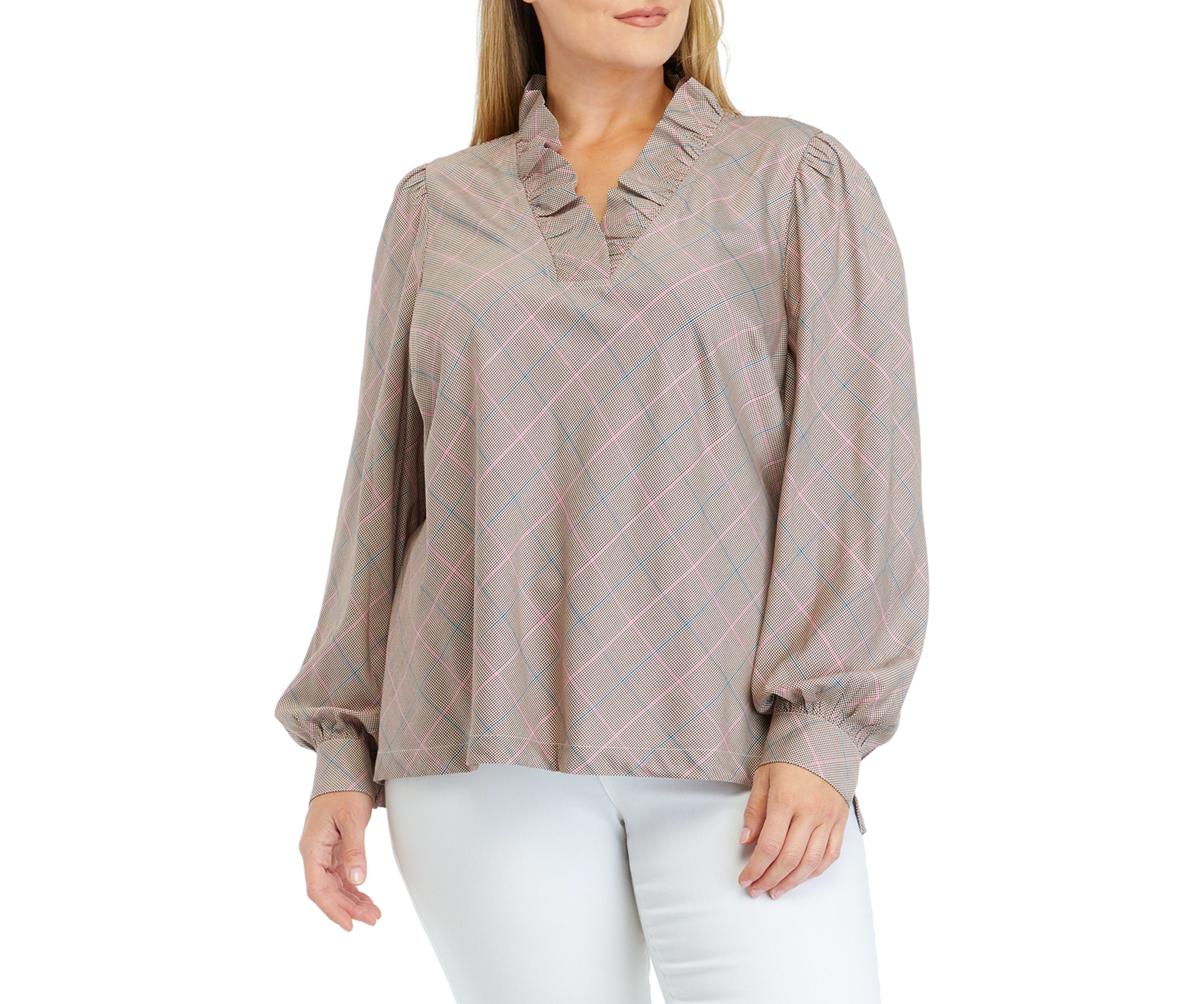 Plus Size Long Sleeve Ruffle Neck Printed Top 