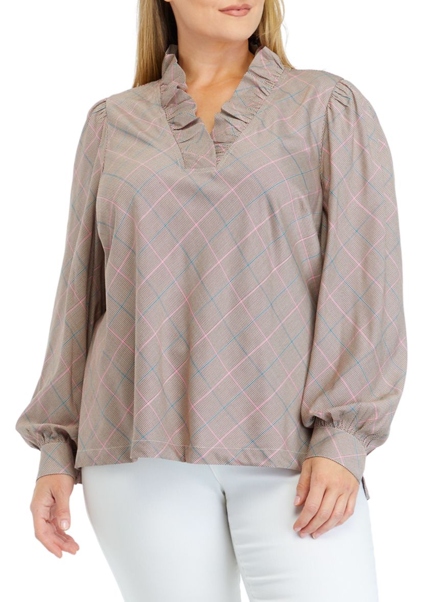 Plus Size Long Sleeve Ruffle Neck Printed Top 