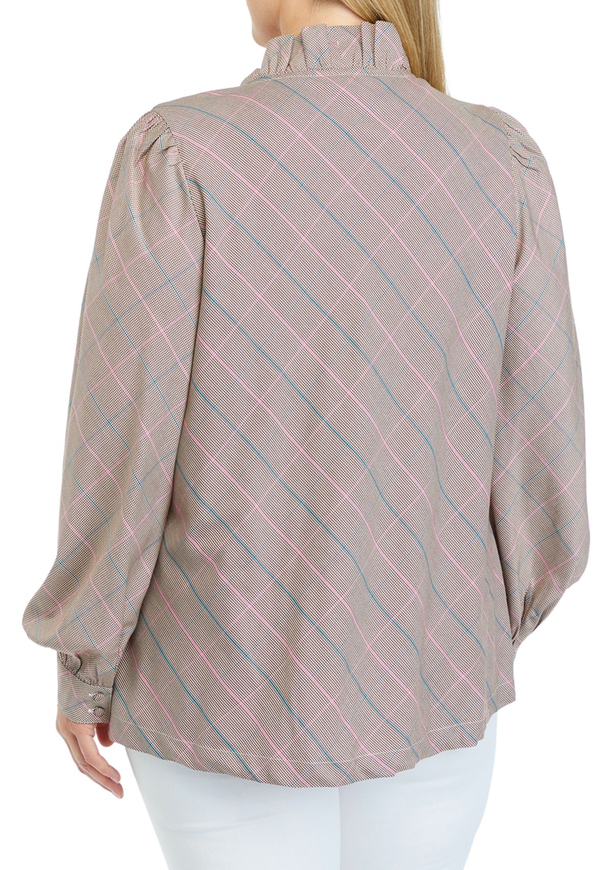 Plus Size Long Sleeve Ruffle Neck Printed Top 
