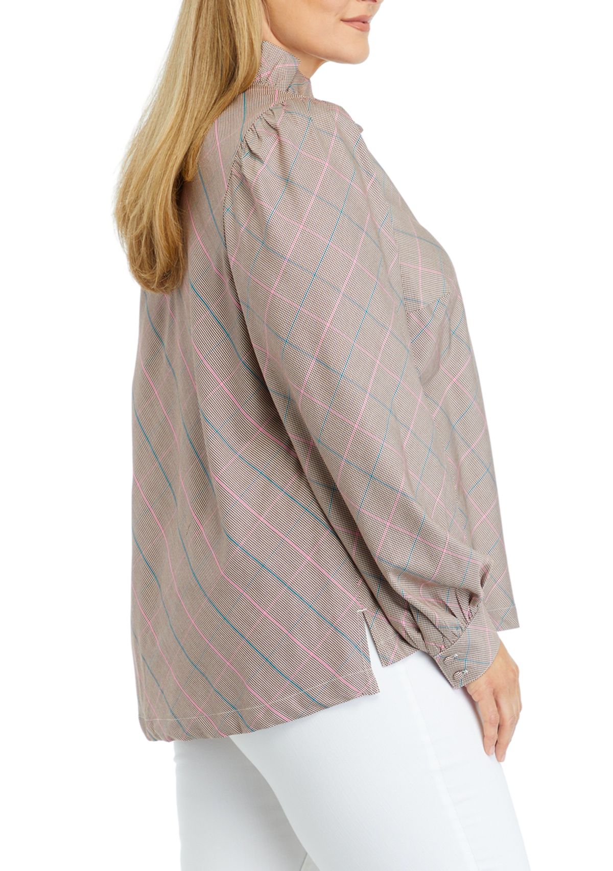 Plus Size Long Sleeve Ruffle Neck Printed Top 
