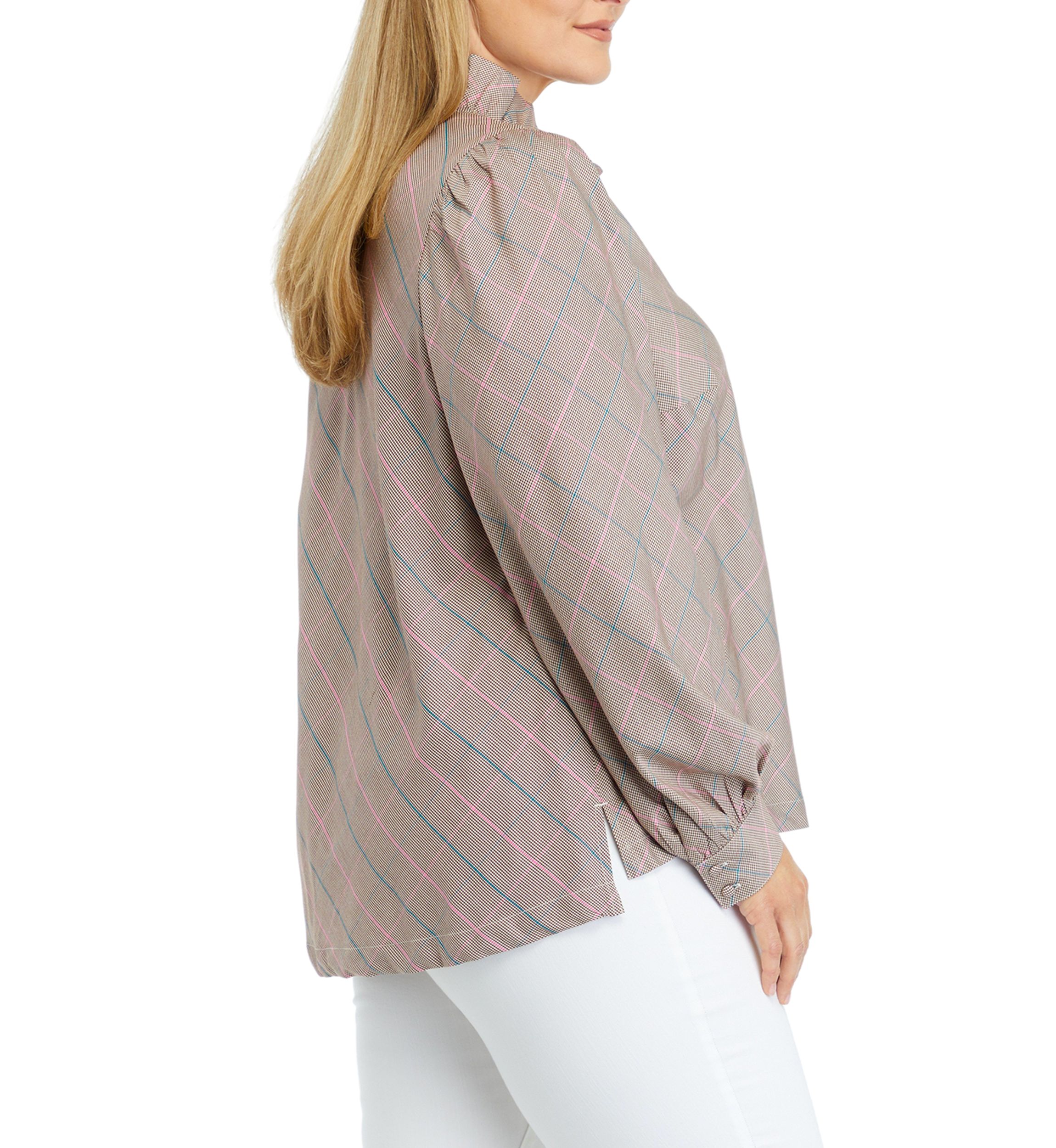 Plus Size Long Sleeve Ruffle Neck Printed Top 