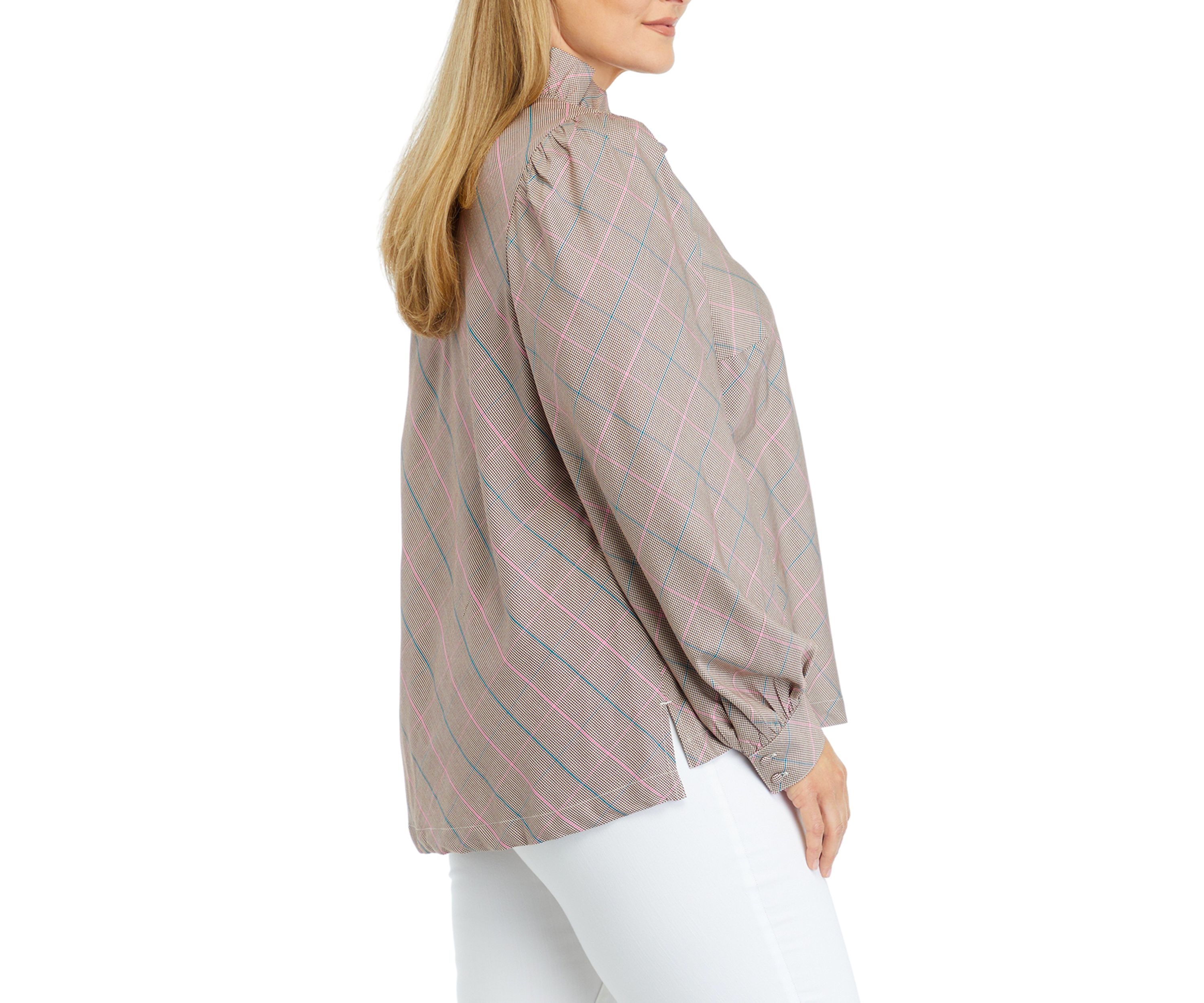 Plus Size Long Sleeve Ruffle Neck Printed Top 