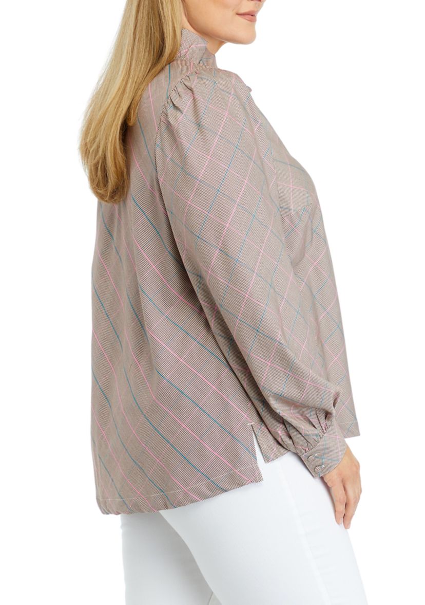 Plus Size Long Sleeve Ruffle Neck Printed Top 