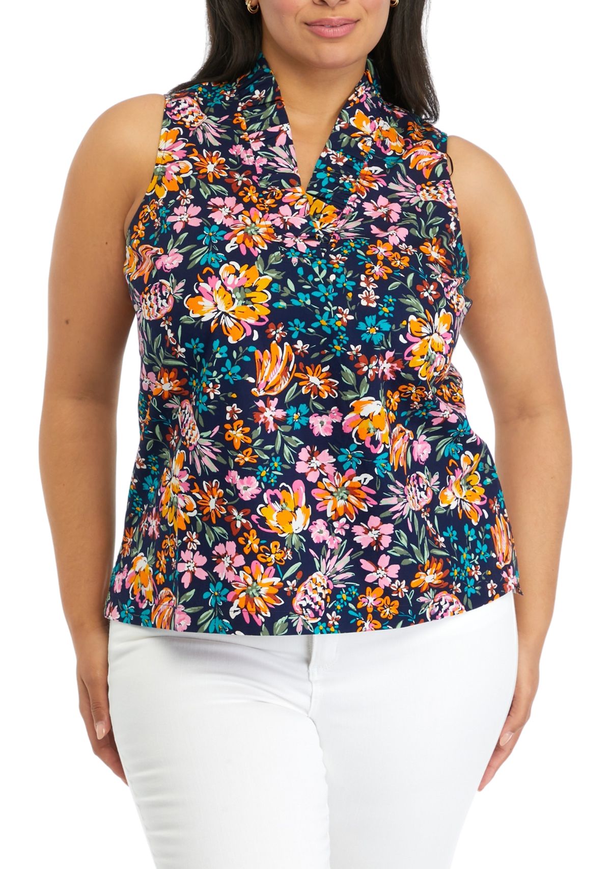 Plus Size Printed Ruffle Neck Top