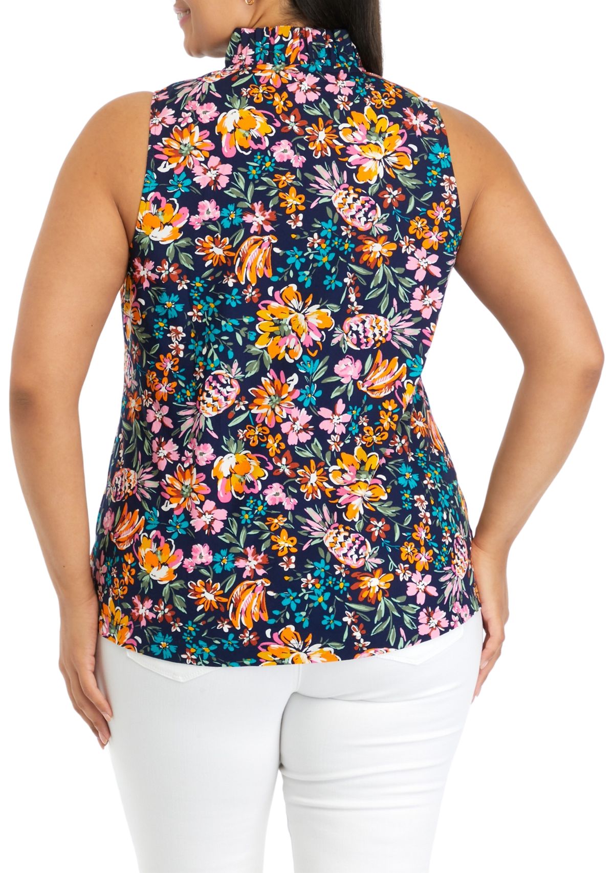 Plus Size Printed Ruffle Neck Top