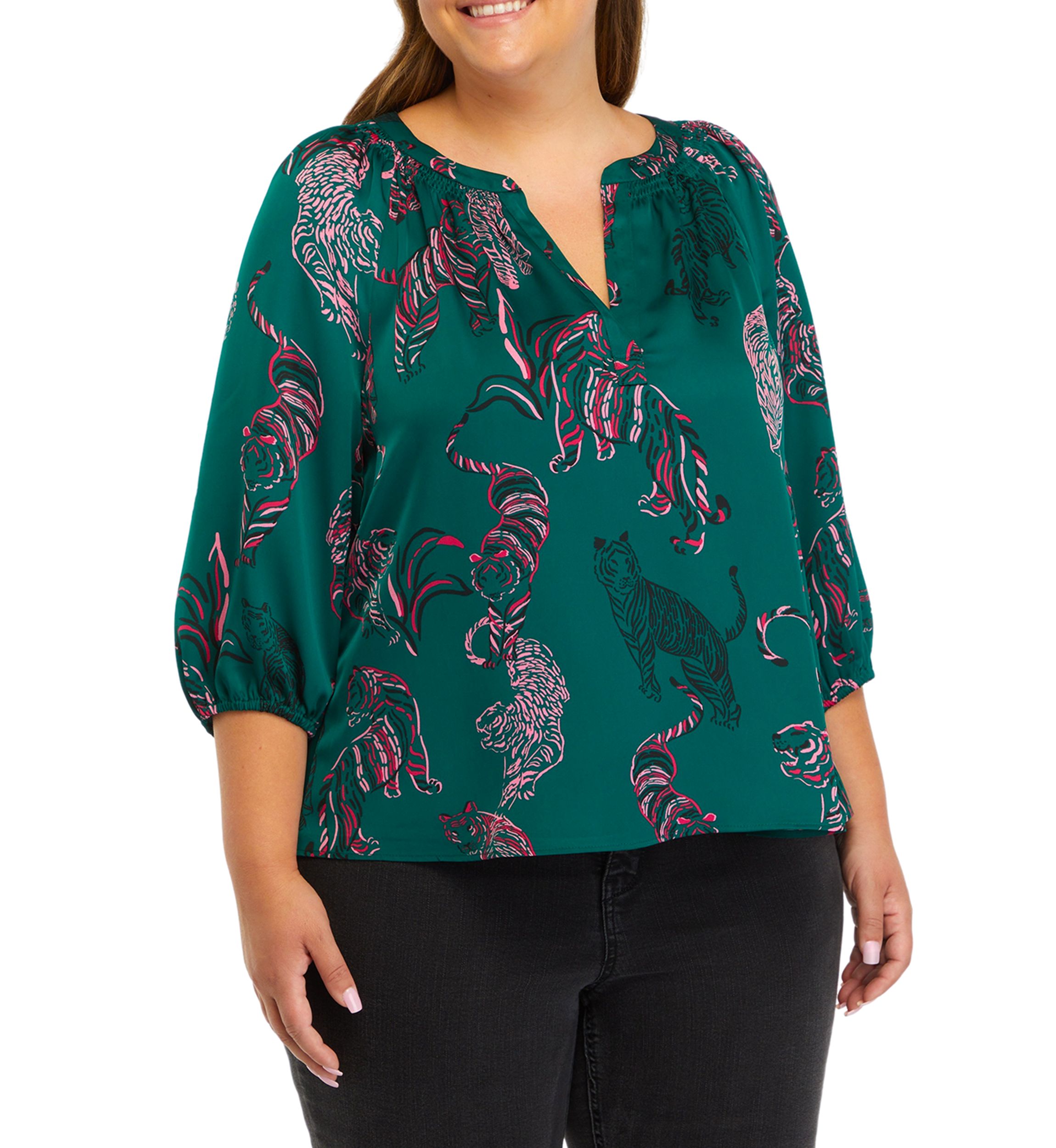 Plus Size Blouson Sleeve Animal Print Top