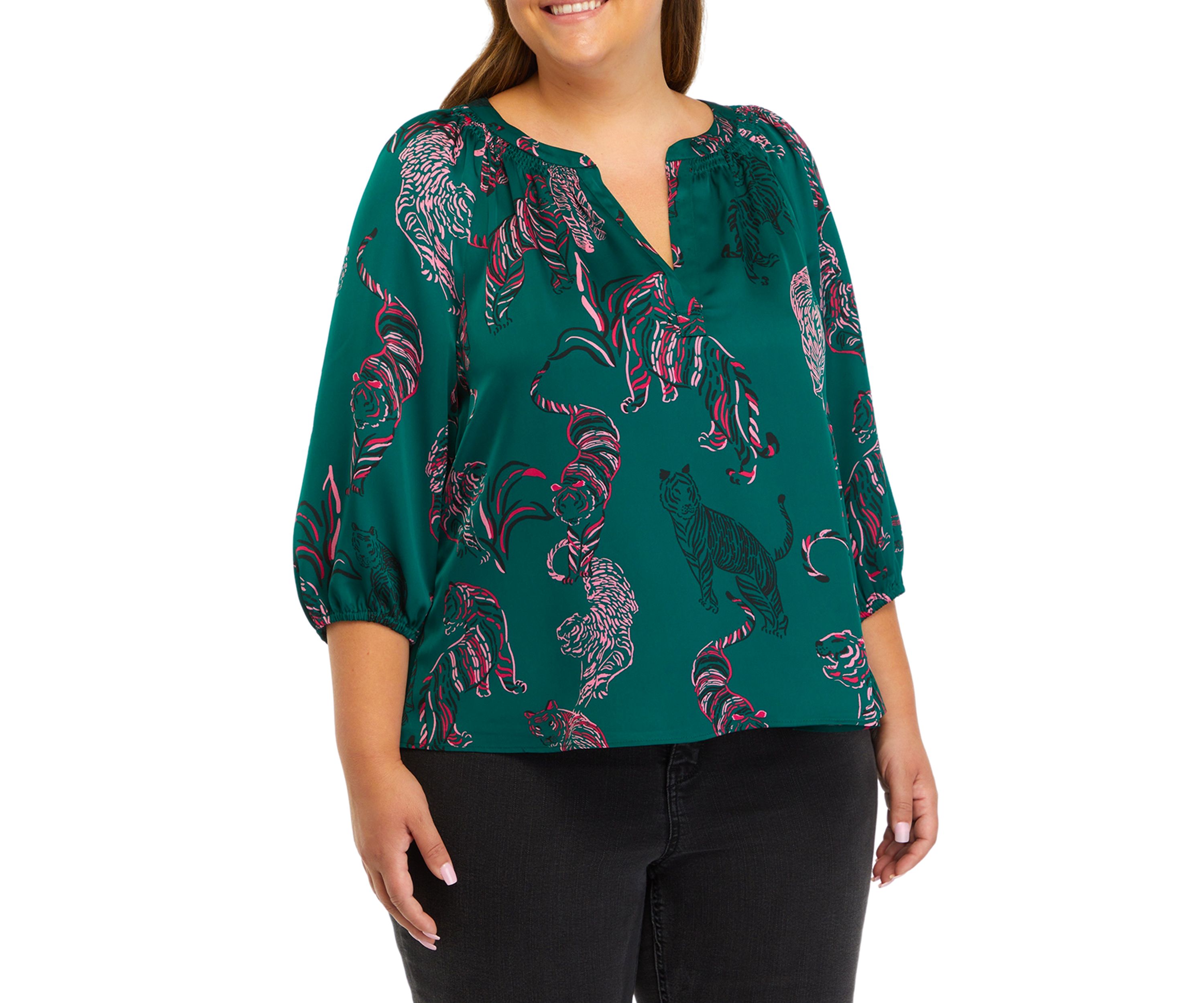 Plus Size Blouson Sleeve Animal Print Top