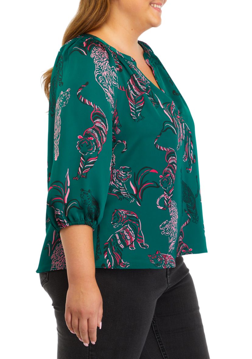 Plus Size Blouson Sleeve Animal Print Top