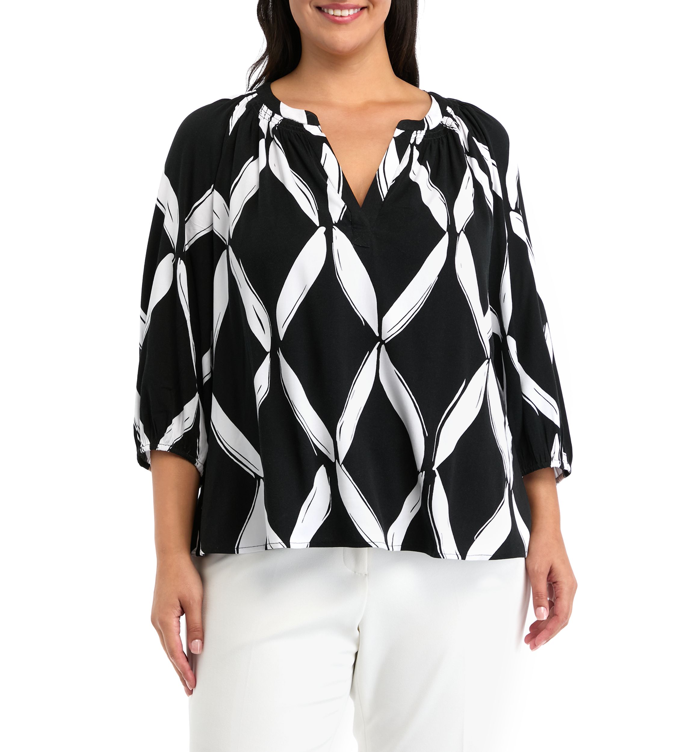 Plus Size Printed Peasant Printed Blouse