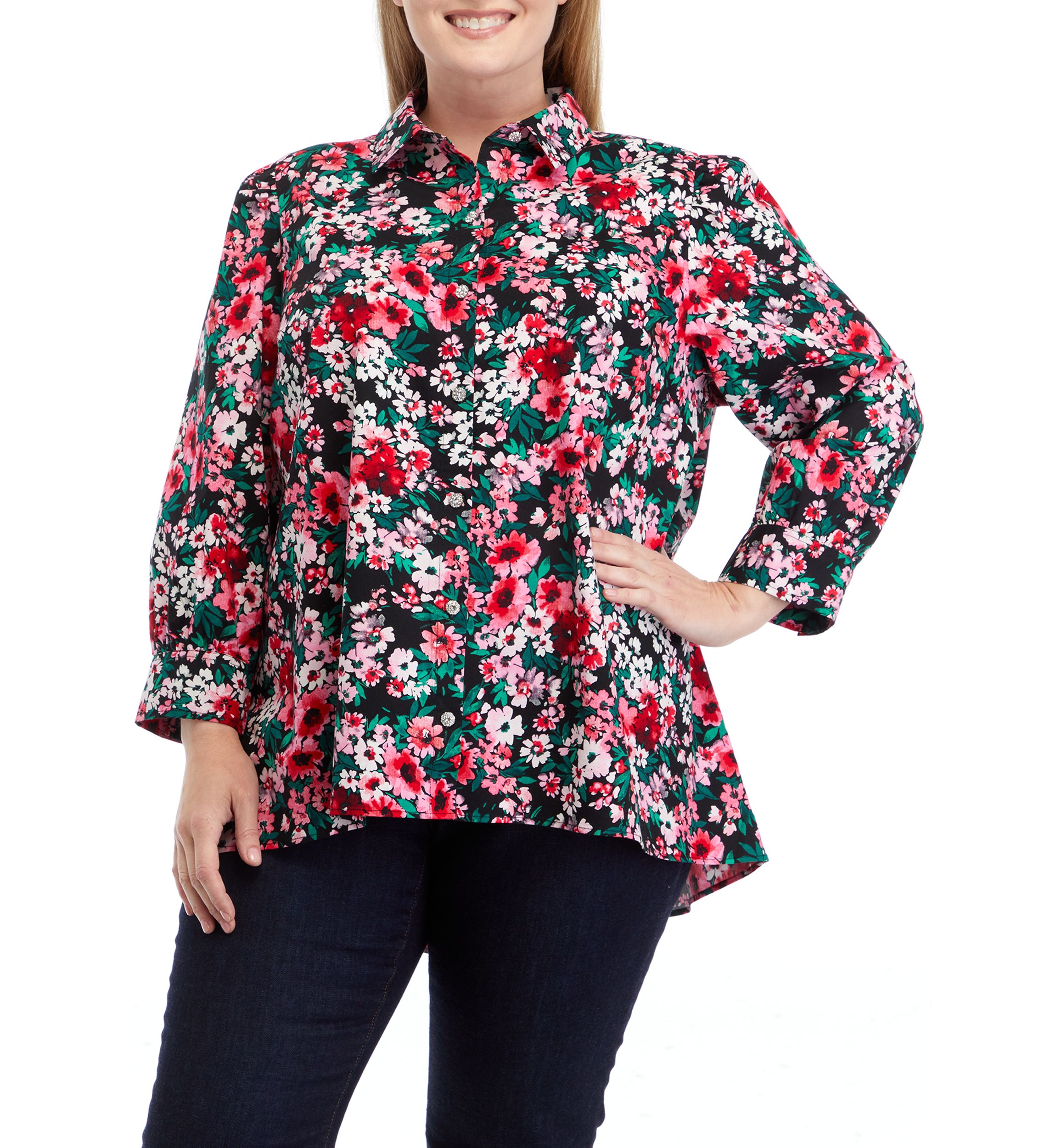 Plus Size 3/4 Sleeve Printed Button Down Shirt 