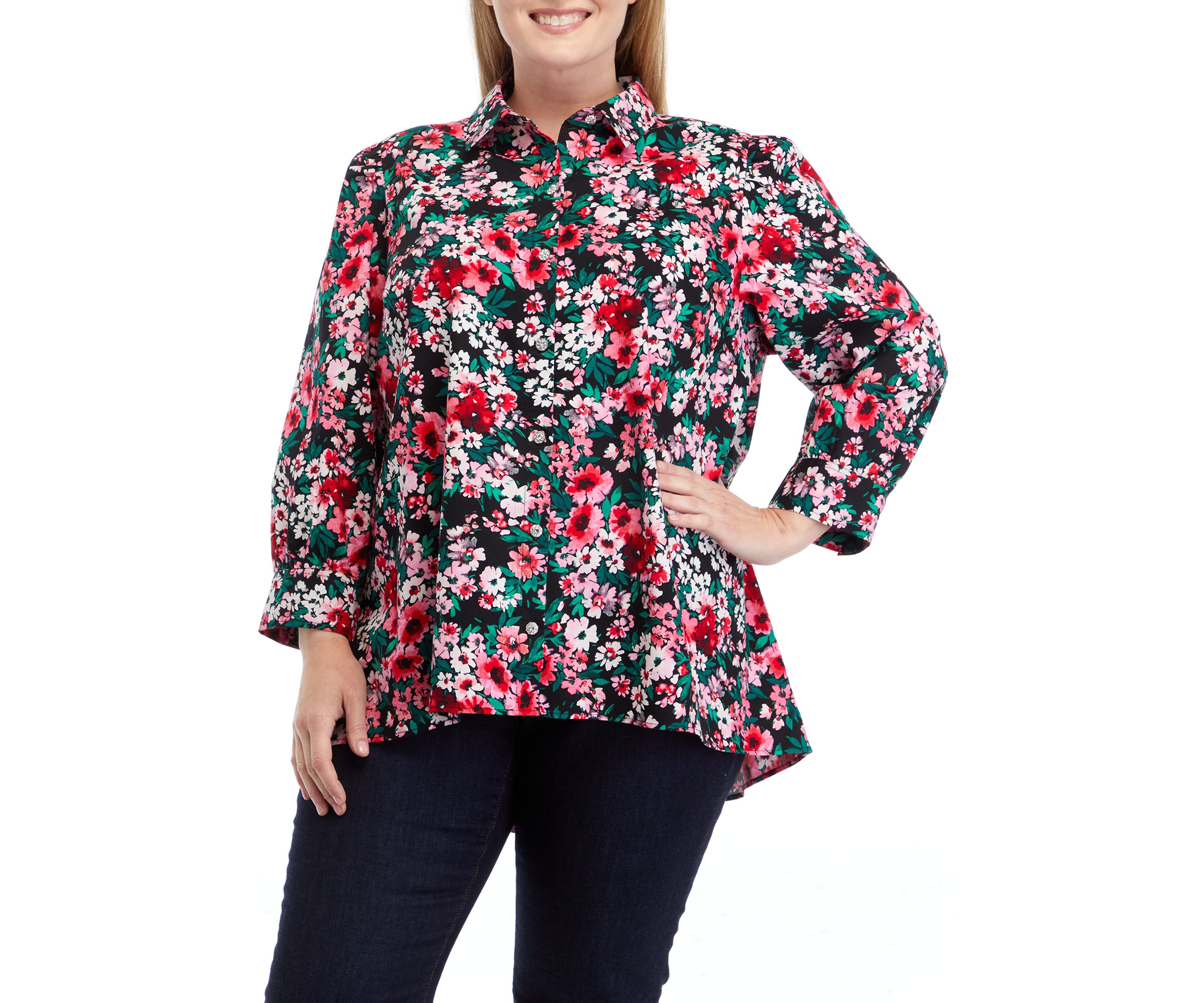Plus Size 3/4 Sleeve Printed Button Down Shirt 