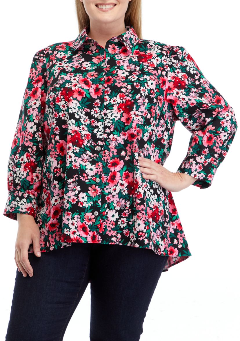 Plus Size 3/4 Sleeve Printed Button Down Shirt 