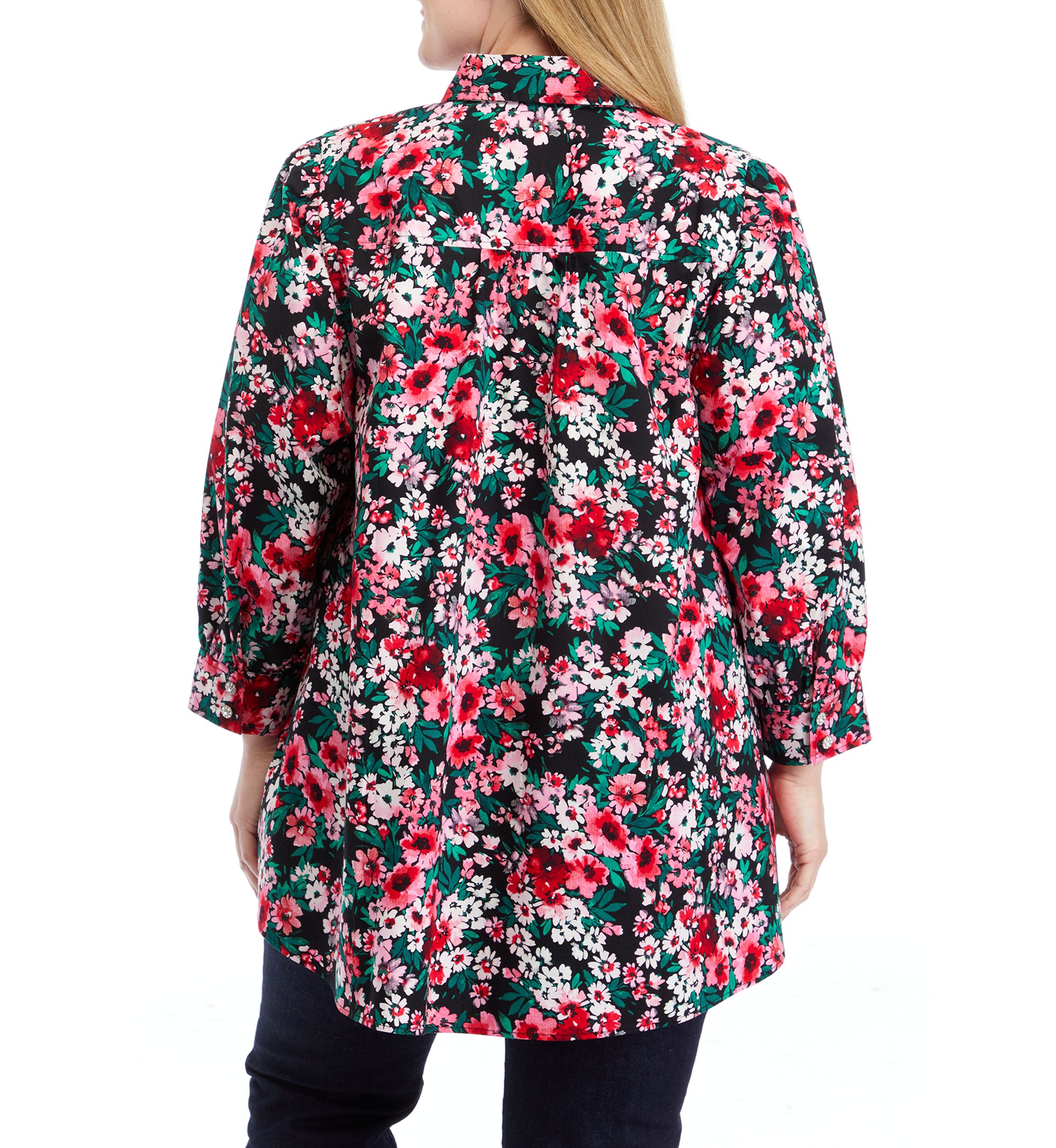 Plus Size 3/4 Sleeve Printed Button Down Shirt 