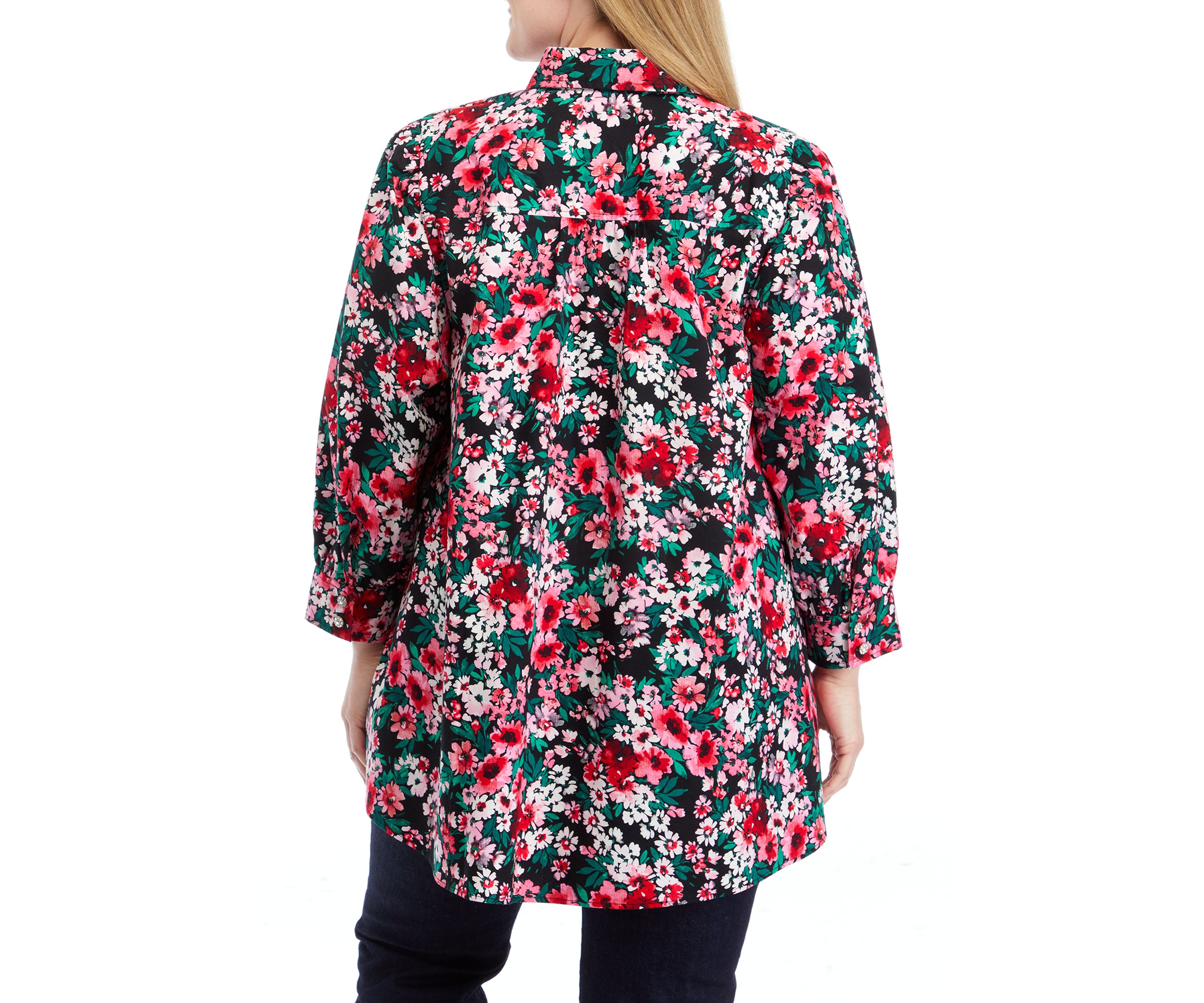 Plus Size 3/4 Sleeve Printed Button Down Shirt 