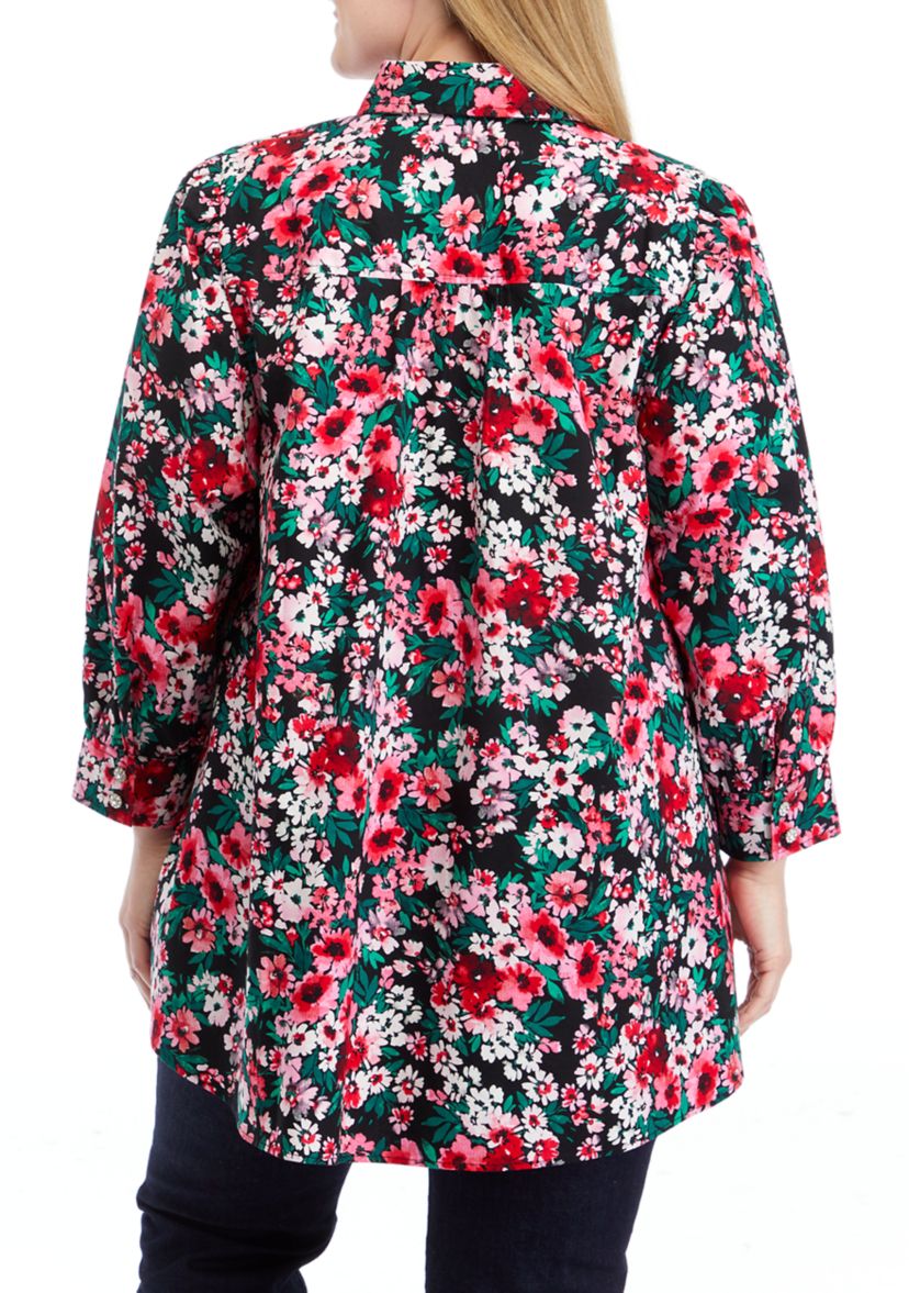 Plus Size 3/4 Sleeve Printed Button Down Shirt 