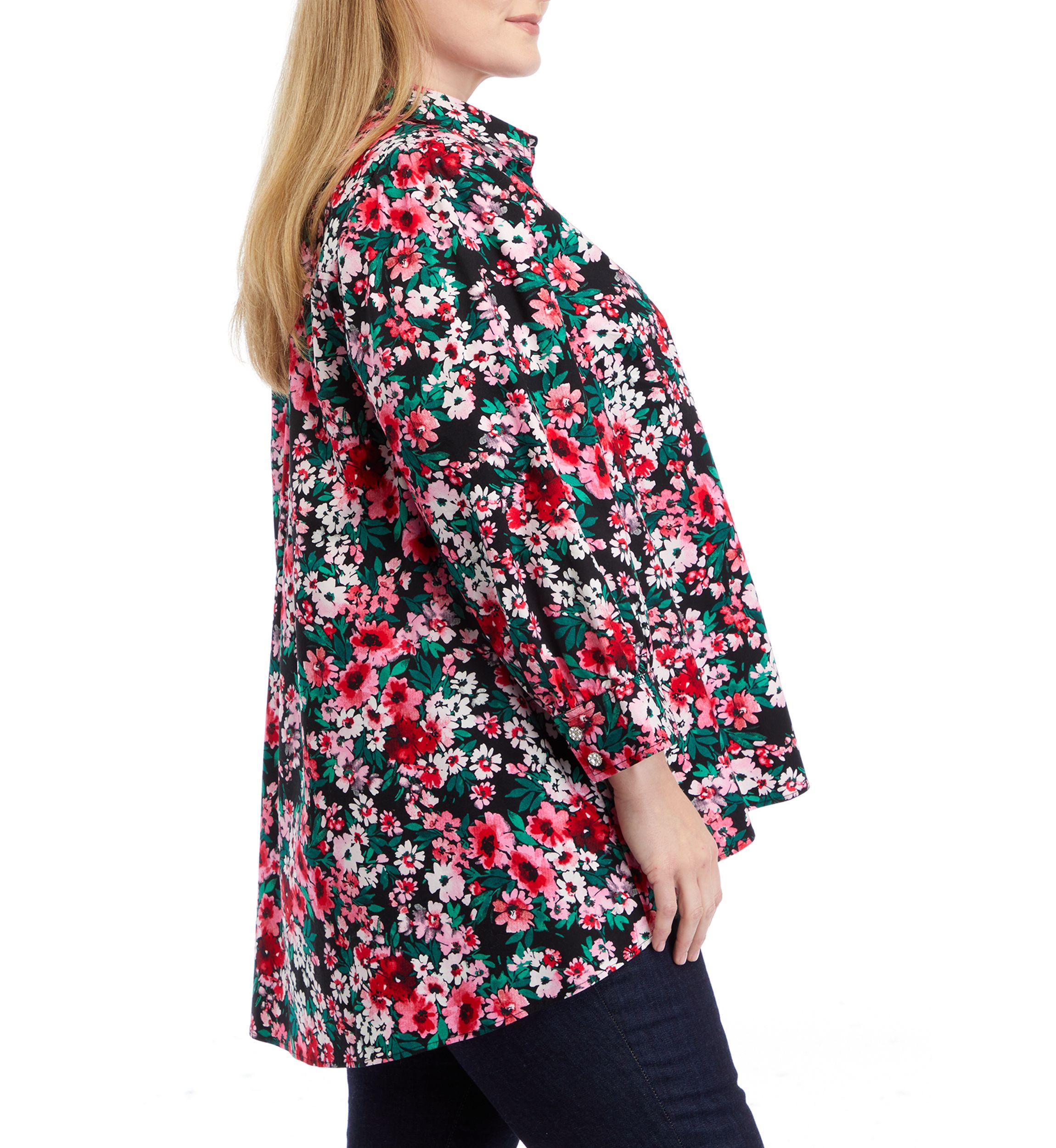 Plus Size 3/4 Sleeve Printed Button Down Shirt 
