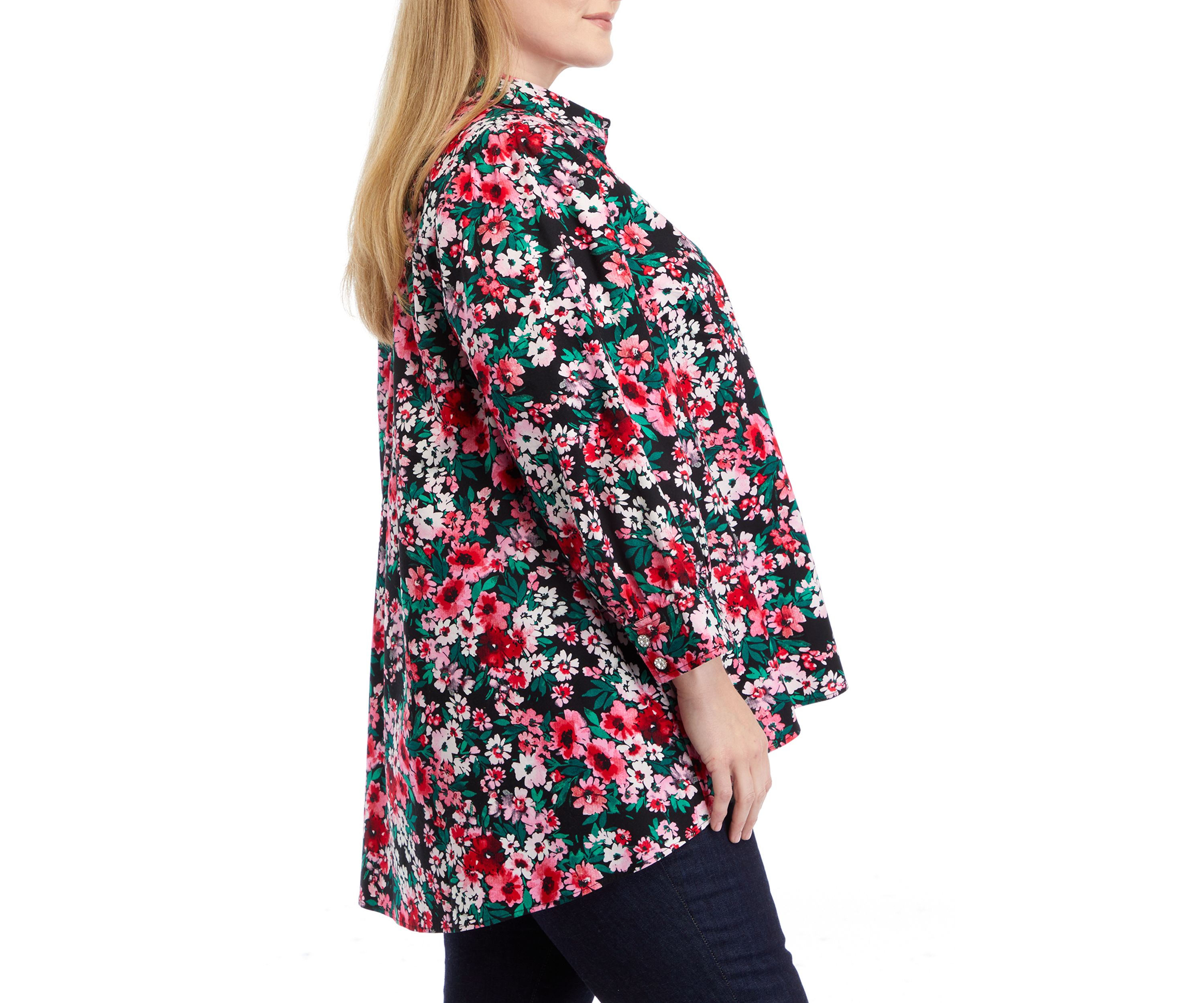 Plus Size 3/4 Sleeve Printed Button Down Shirt 