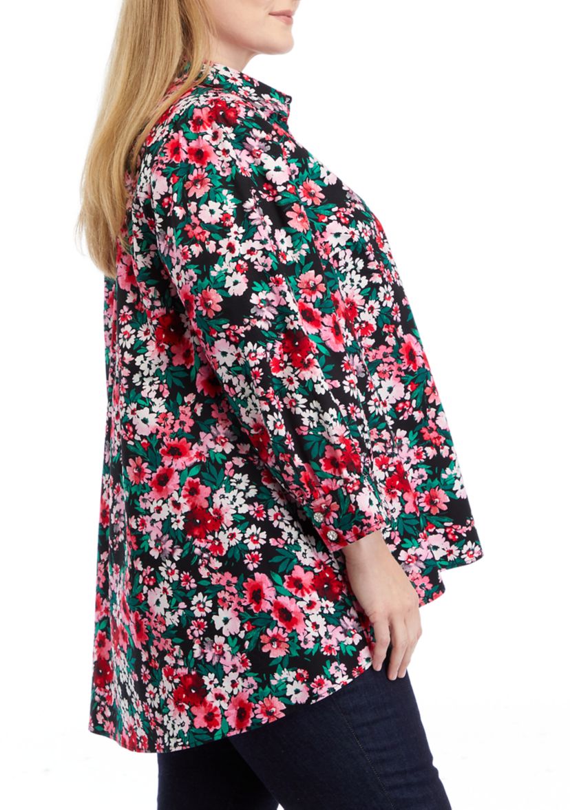 Plus Size 3/4 Sleeve Printed Button Down Shirt 