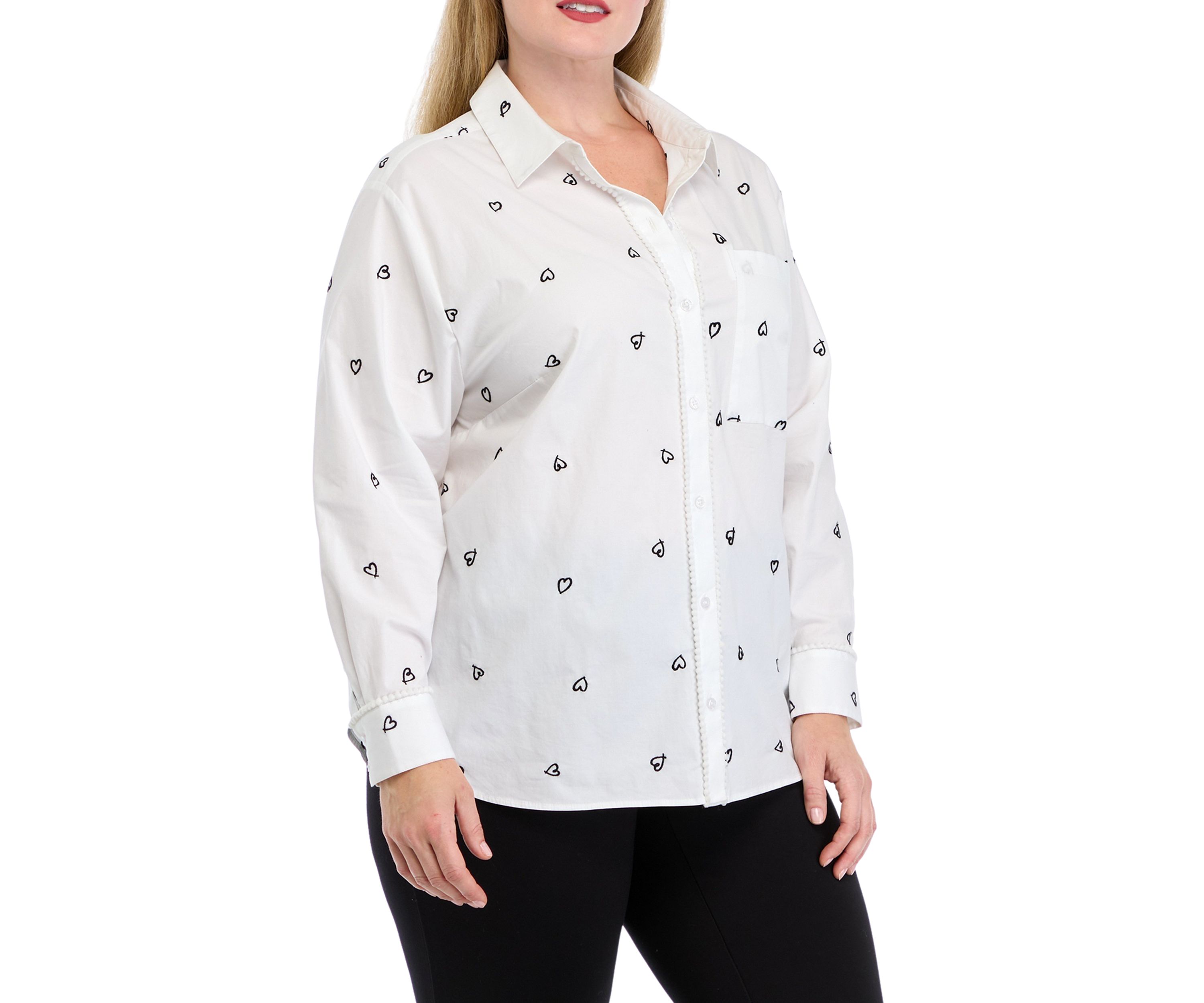 Plus Size Long Sleeve Tunic Button Up Embroidered Top