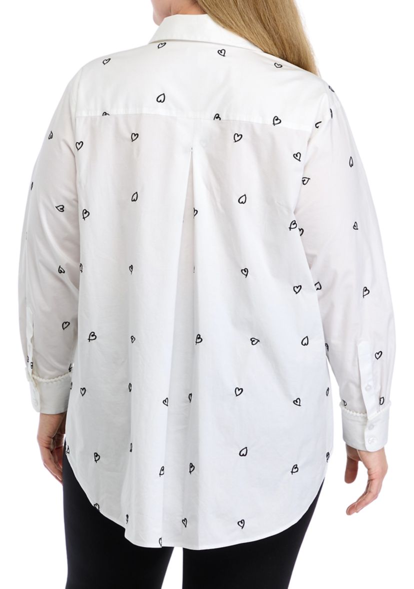 Plus Size Long Sleeve Tunic Button Up Embroidered Top