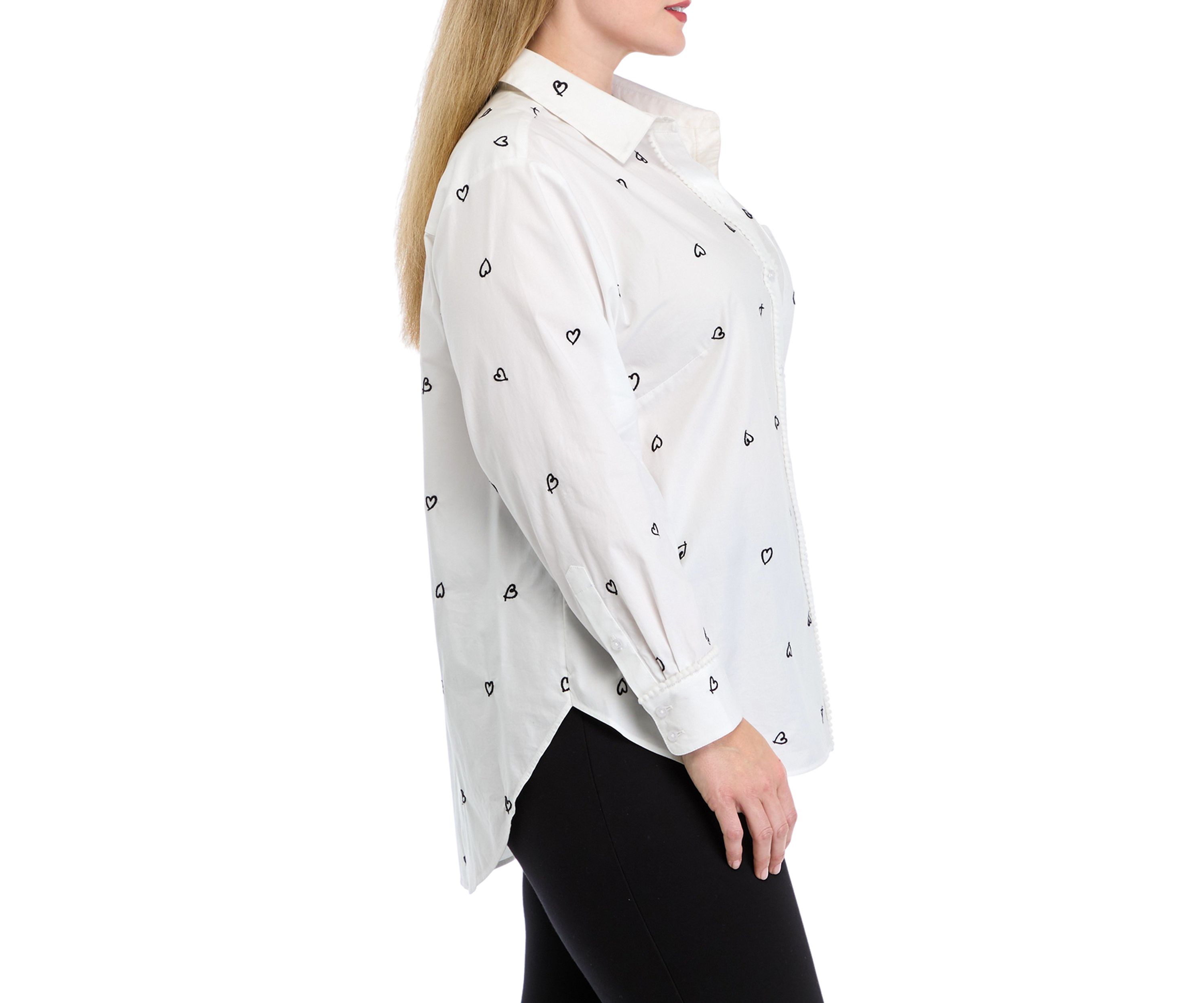 Plus Size Long Sleeve Tunic Button Up Embroidered Top