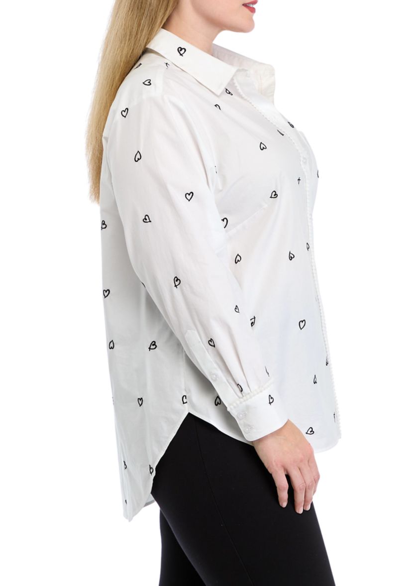 Plus Size Long Sleeve Tunic Button Up Embroidered Top
