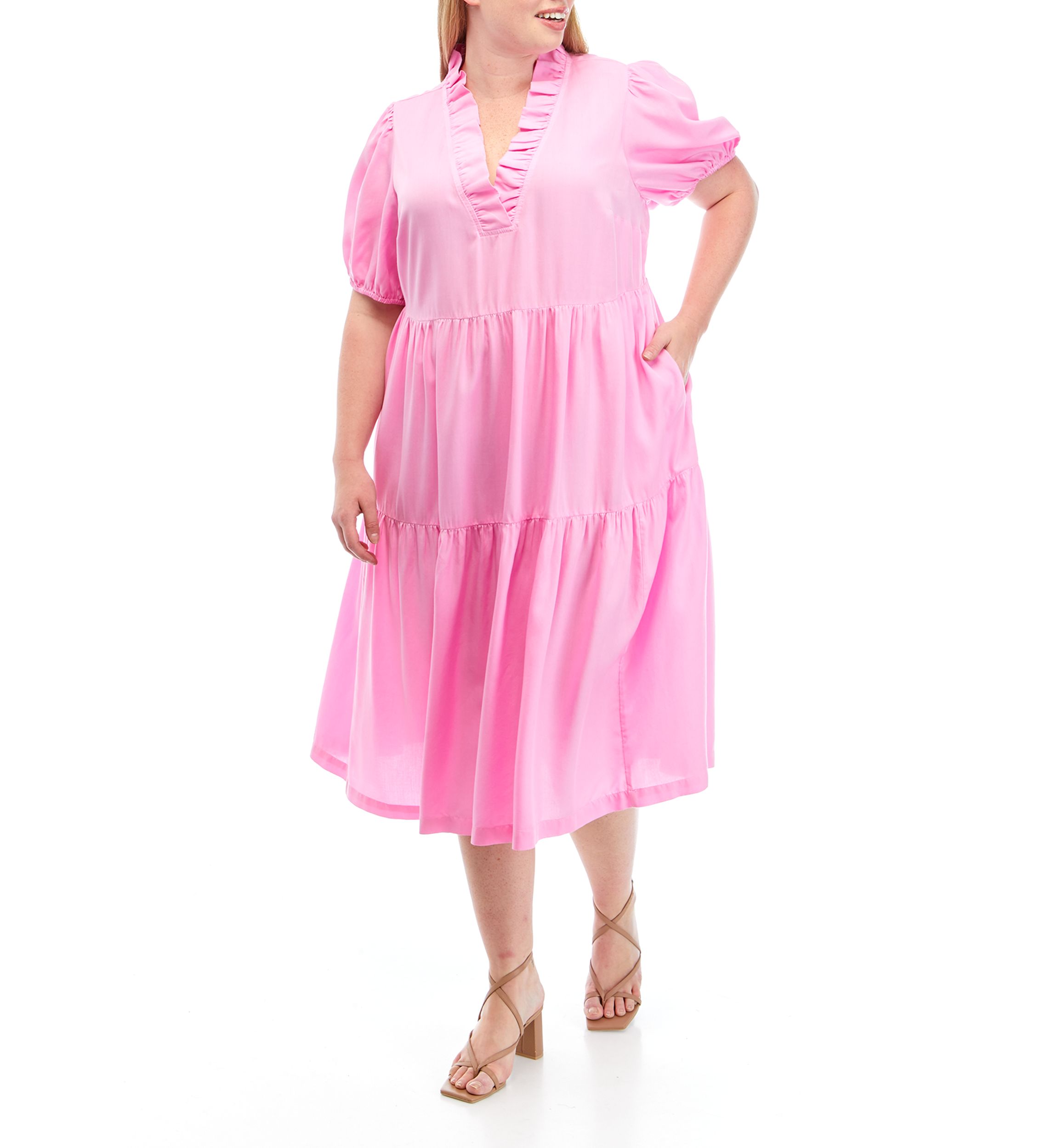 Plus Size Short Sleeve Midi Ruffle Neck Dress