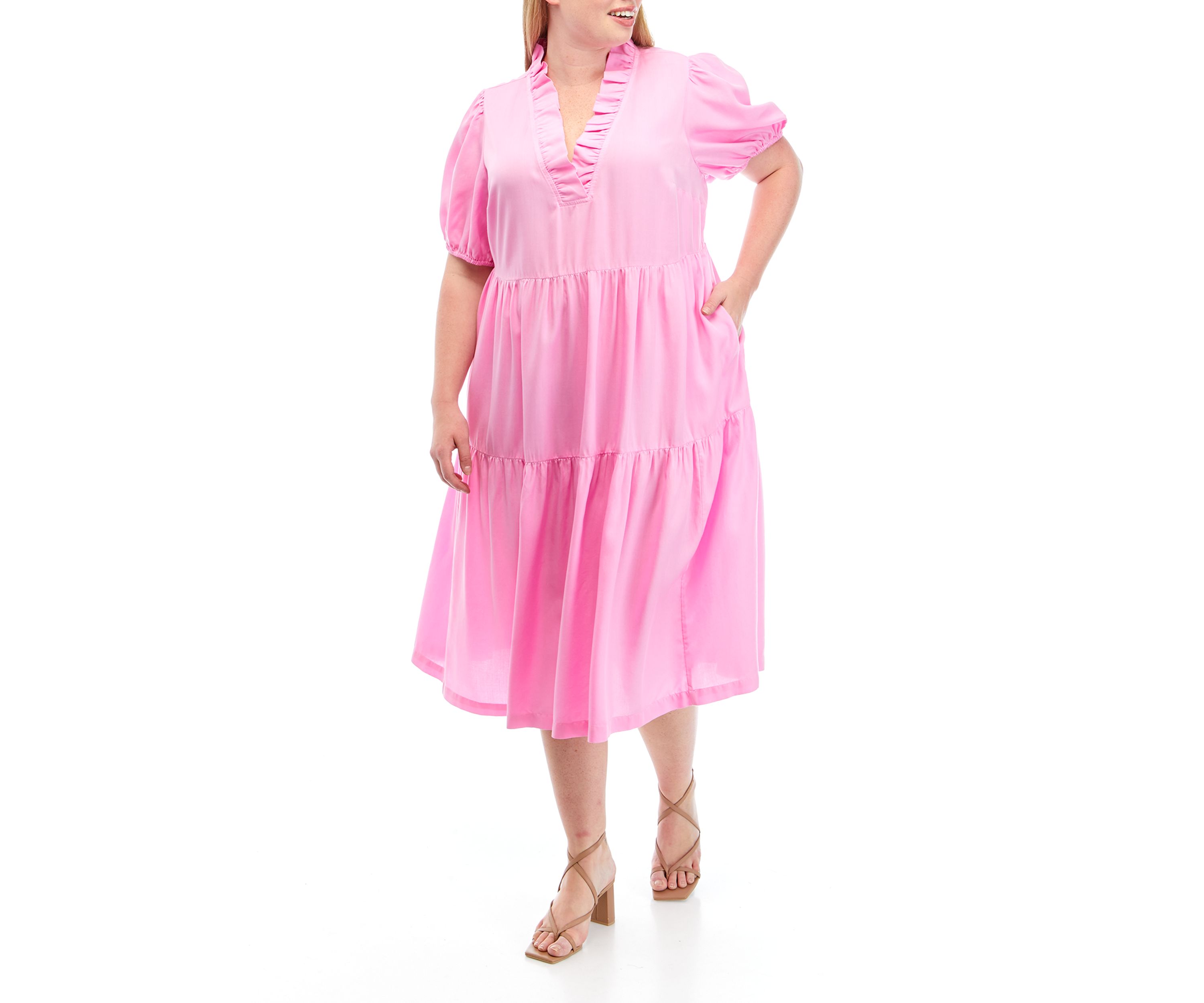 Plus Size Short Sleeve Midi Ruffle Neck Dress