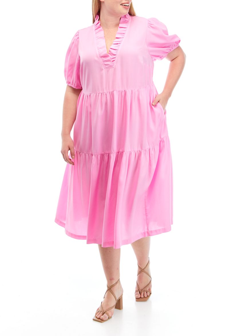 Plus Size Short Sleeve Midi Ruffle Neck Dress
