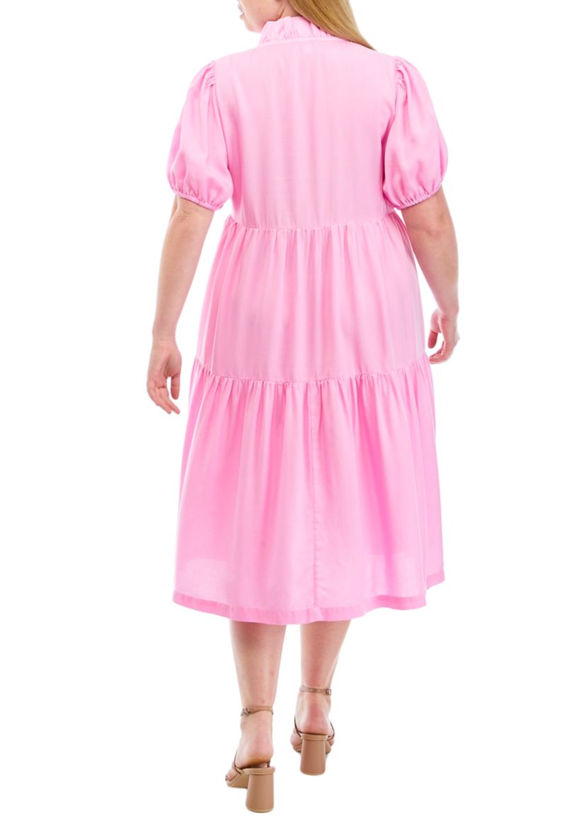 Plus Size Short Sleeve Midi Ruffle Neck Dress