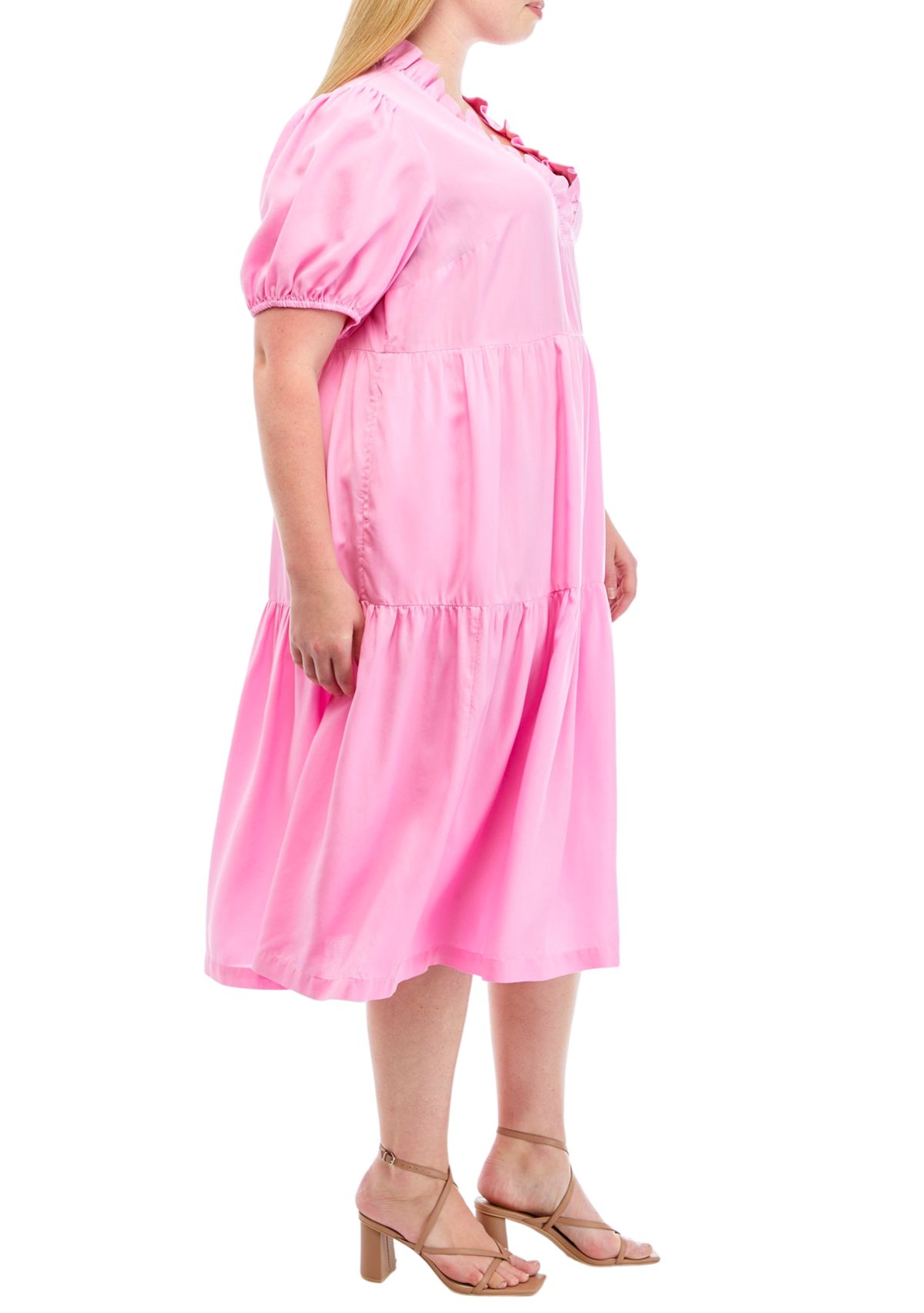Plus Size Short Sleeve Midi Ruffle Neck Dress