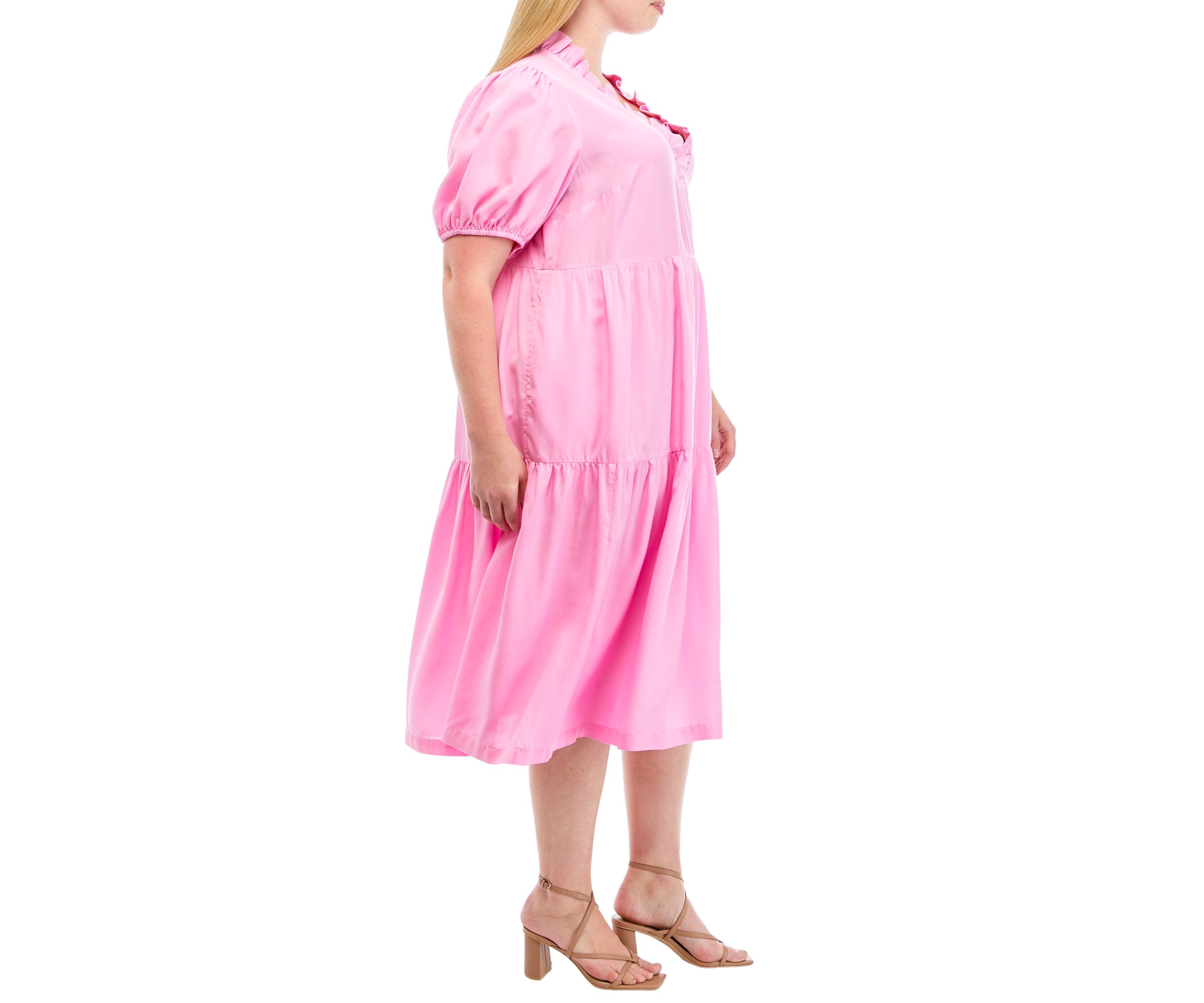 Plus Size Short Sleeve Midi Ruffle Neck Dress