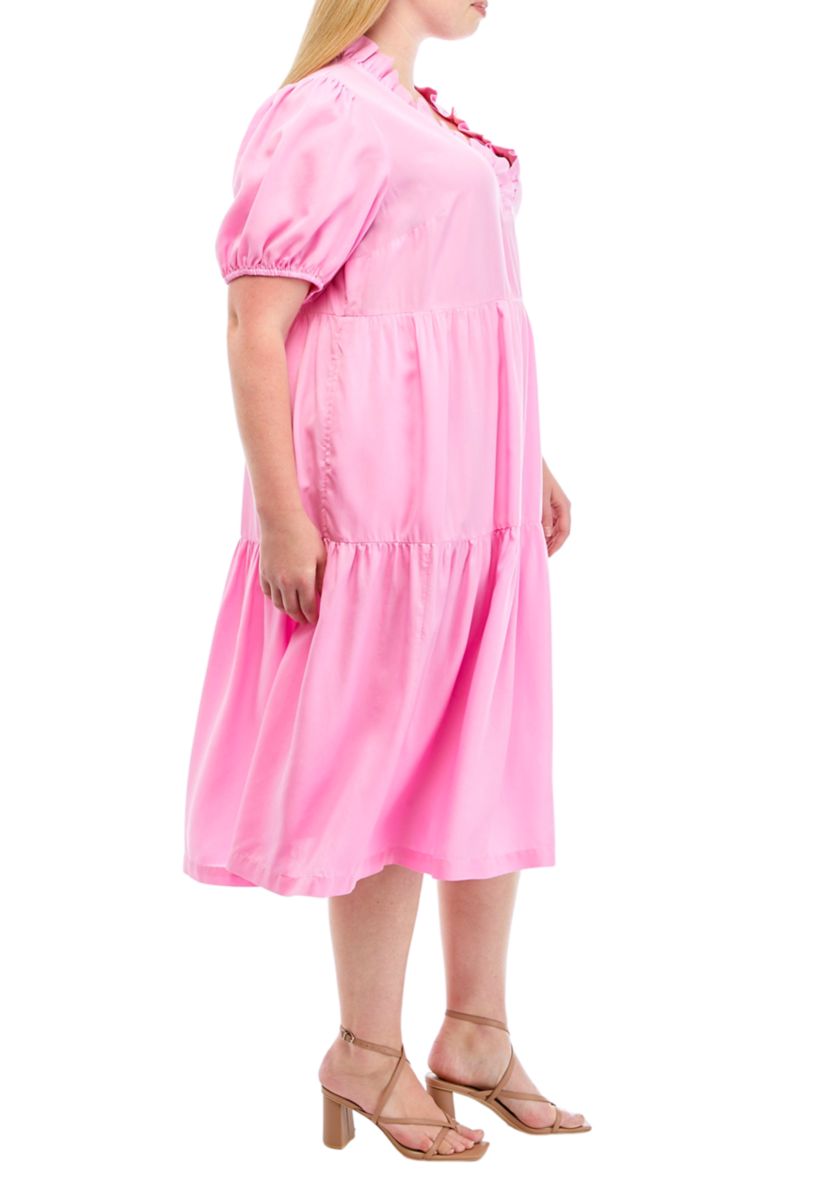 Plus Size Short Sleeve Midi Ruffle Neck Dress
