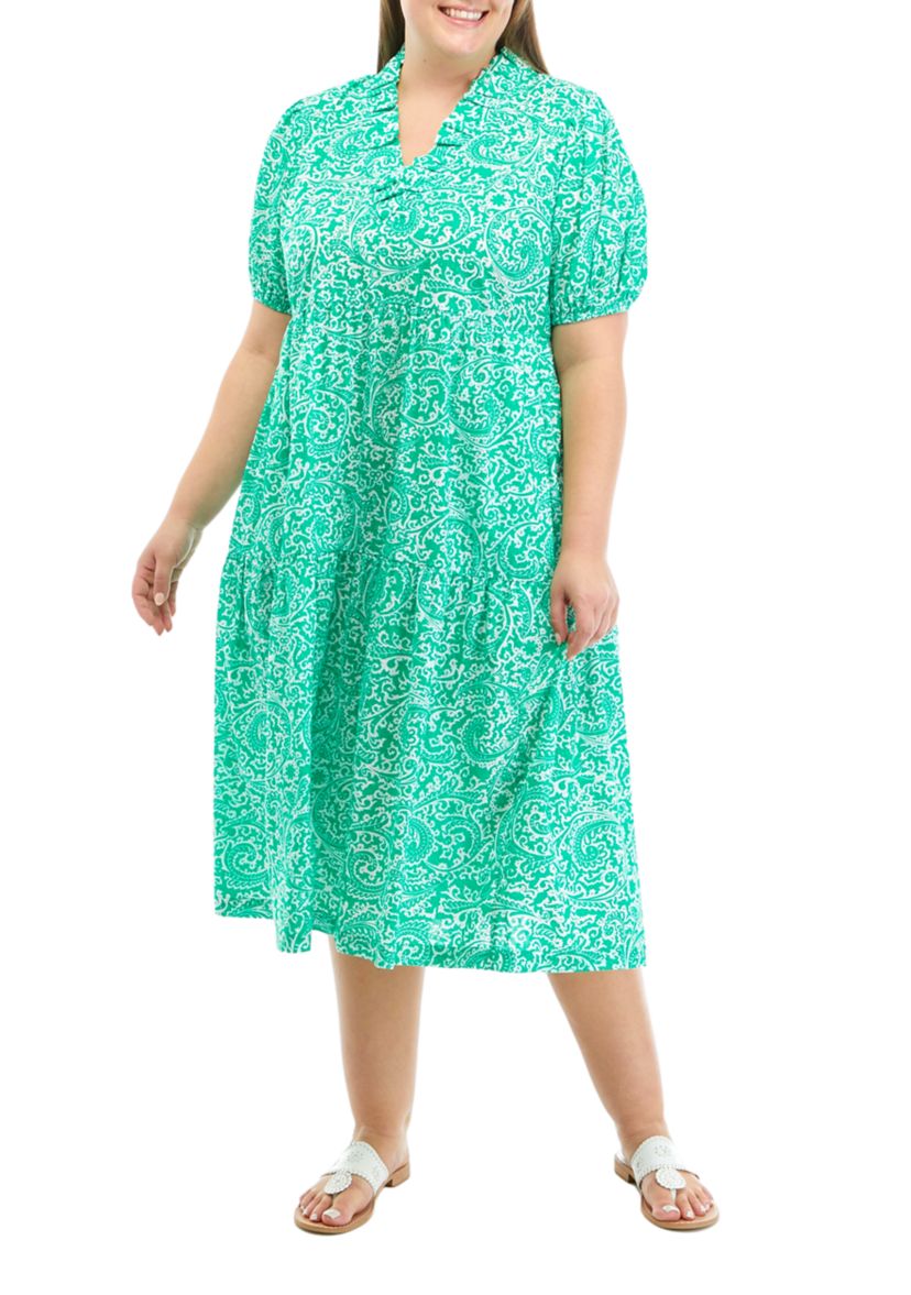 Plus Size Printed Midi Ruffle Neck Dress