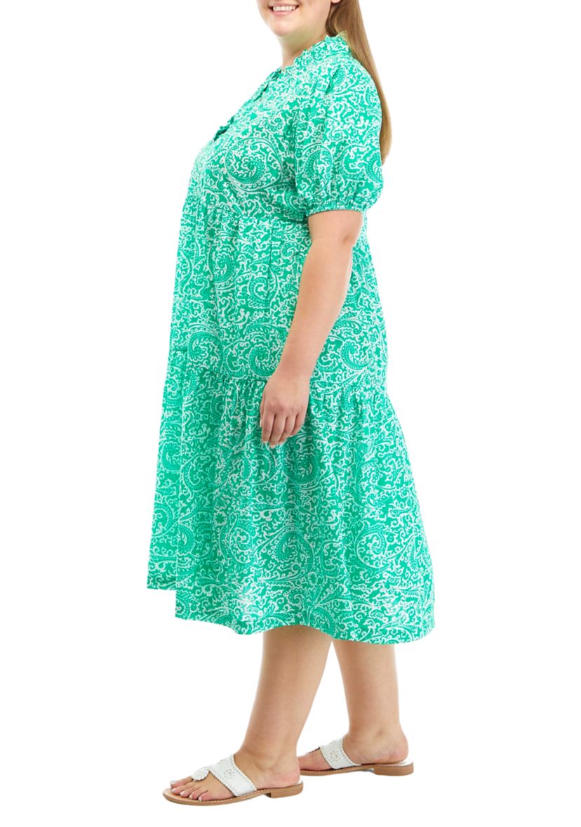 Plus Size Printed Midi Ruffle Neck Dress