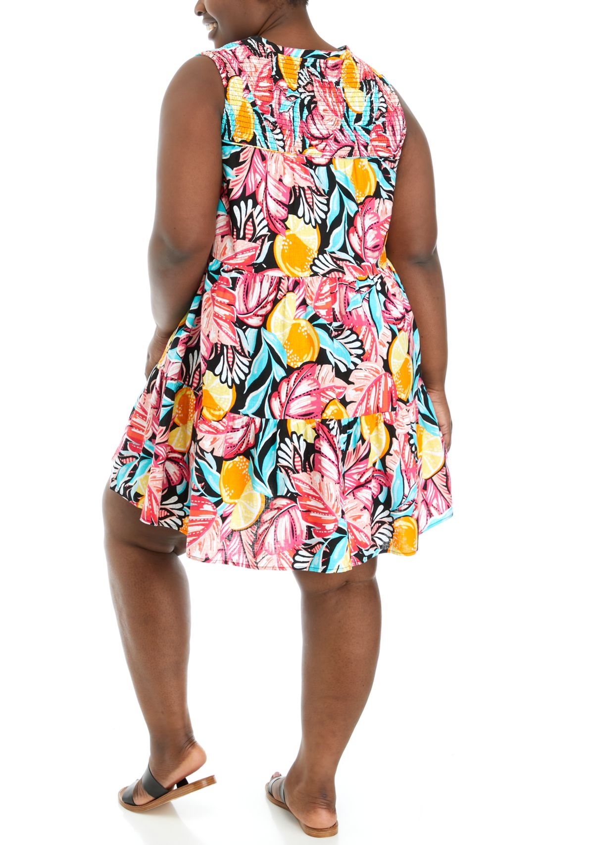 Plus Size Sleeveless Smocked Printed Peasant Dress