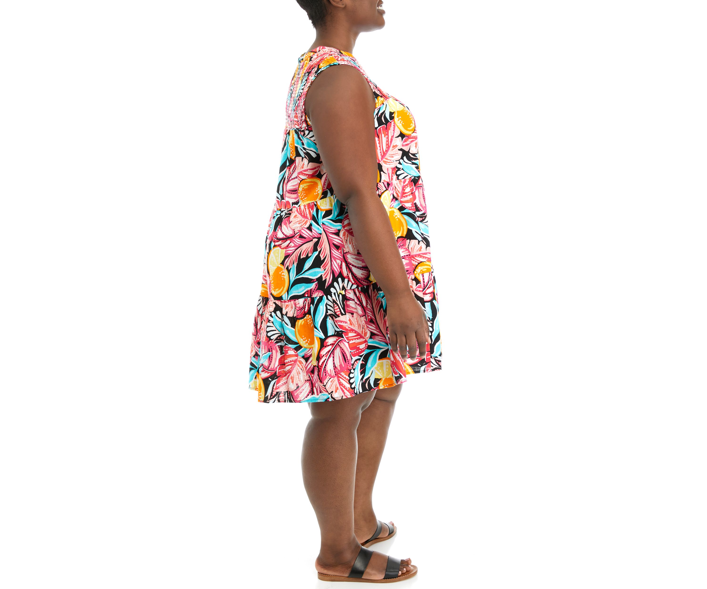 Plus Size Sleeveless Smocked Printed Peasant Dress
