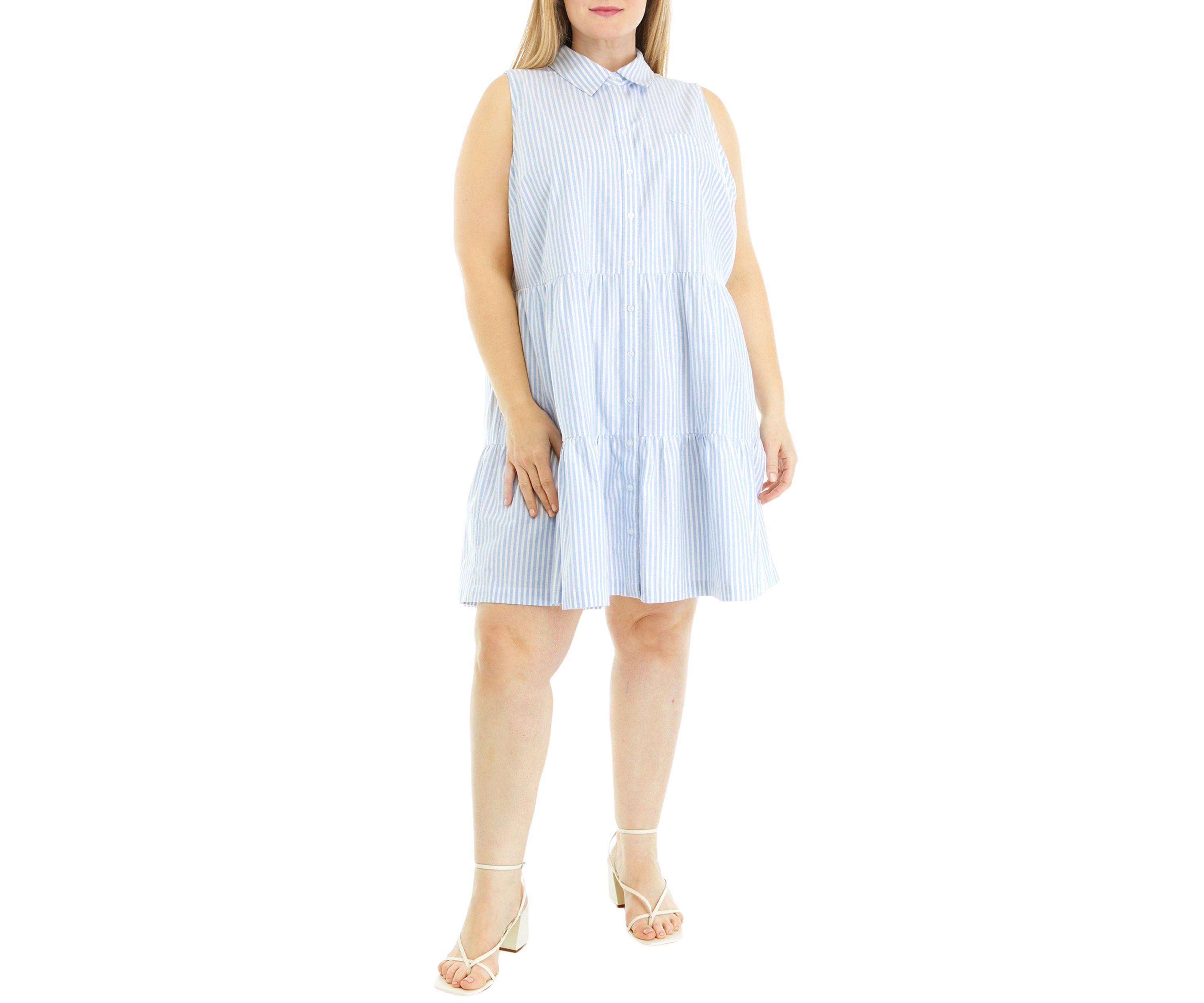 Plus Size Sleeveless Button Front Yarn Dyed Stripe Dress